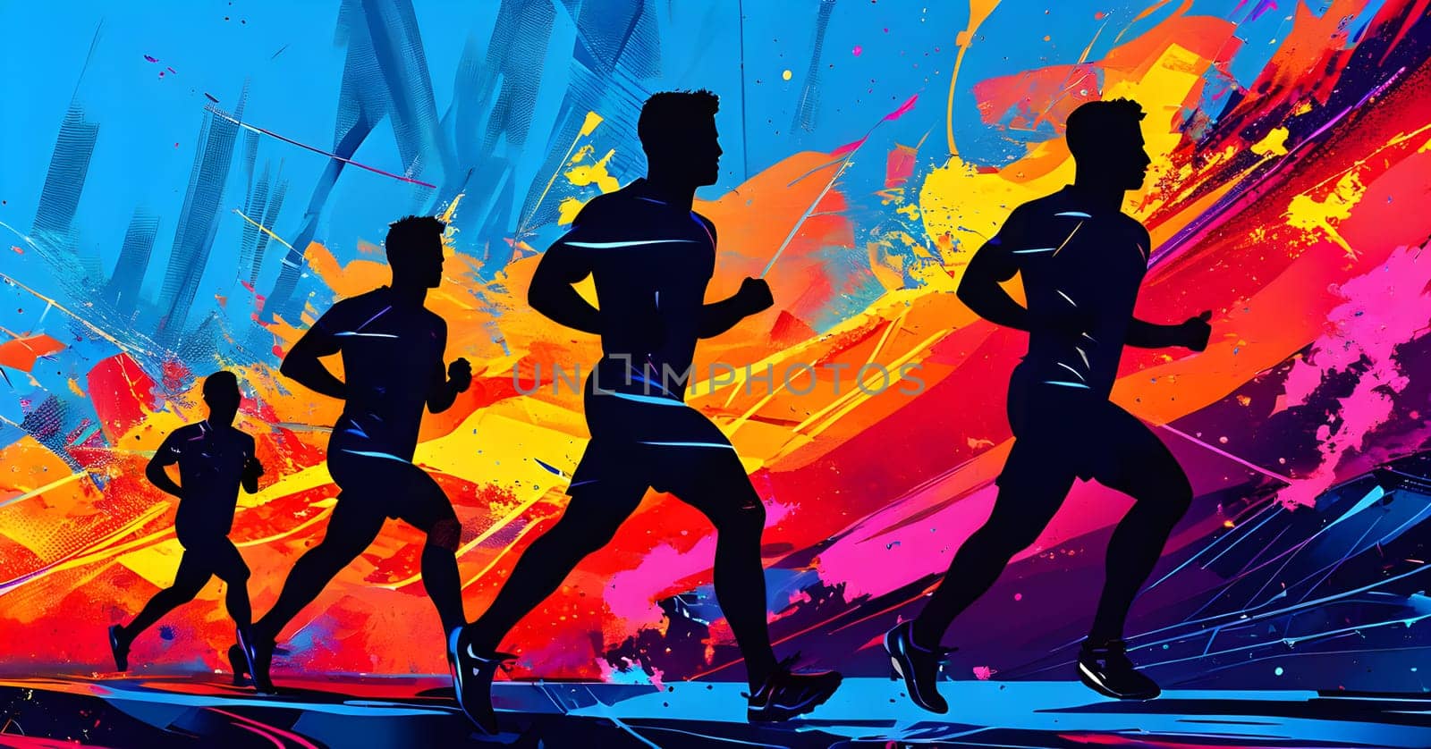 Converging digital lines and sport athletes silhouettes in vibrant colors, creating an abstract pattern to show AI’s impact in sports training
