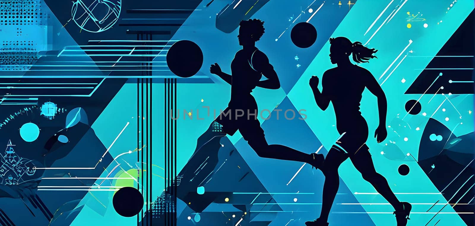 Converging digital lines and sport athletes silhouettes in vibrant colors, creating an abstract pattern to show AI’s impact in sports training