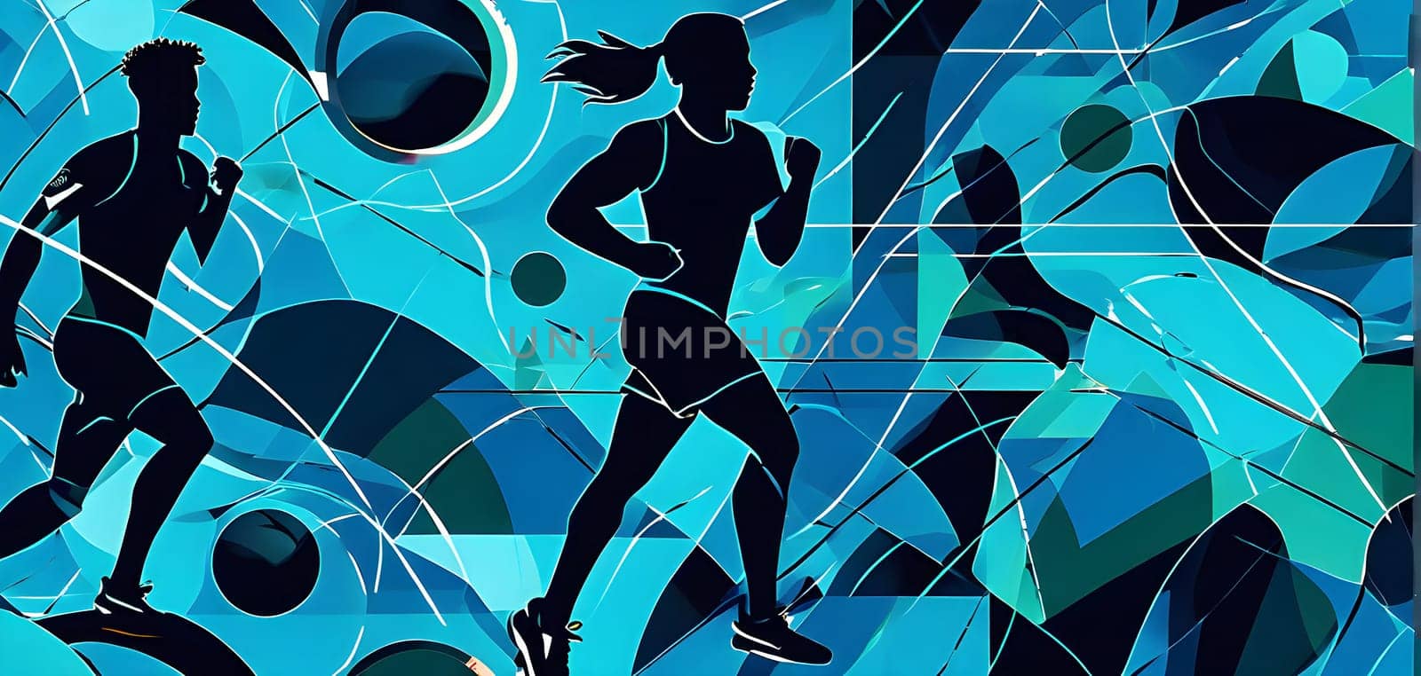 Converging digital lines and sport athletes silhouettes in vibrant colors, creating an abstract pattern to show AI’s impact in sports training