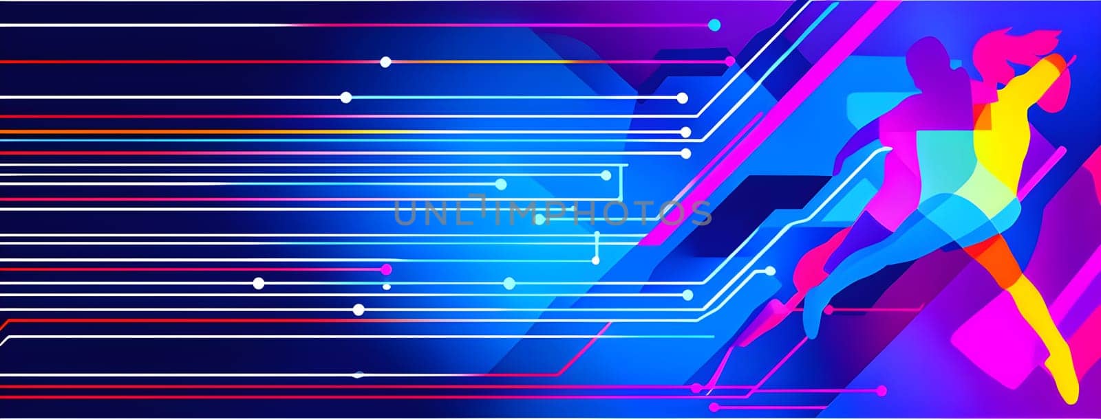 Converging digital lines and sport athletes silhouettes in vibrant colors, creating an abstract pattern to show AI’s impact in sports training