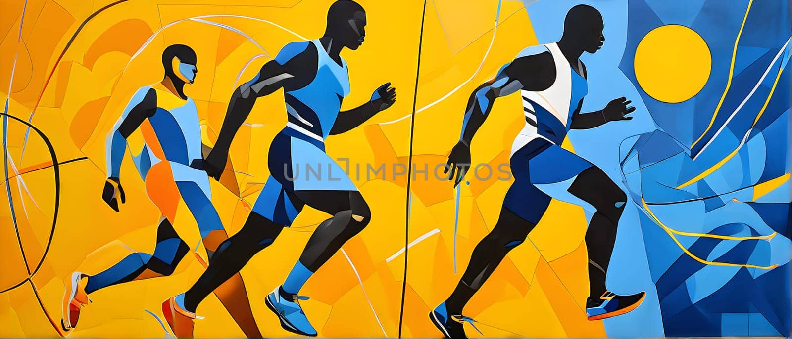 Converging digital lines and sport athletes silhouettes in vibrant colors, creating an abstract pattern to show AI’s impact in sports training