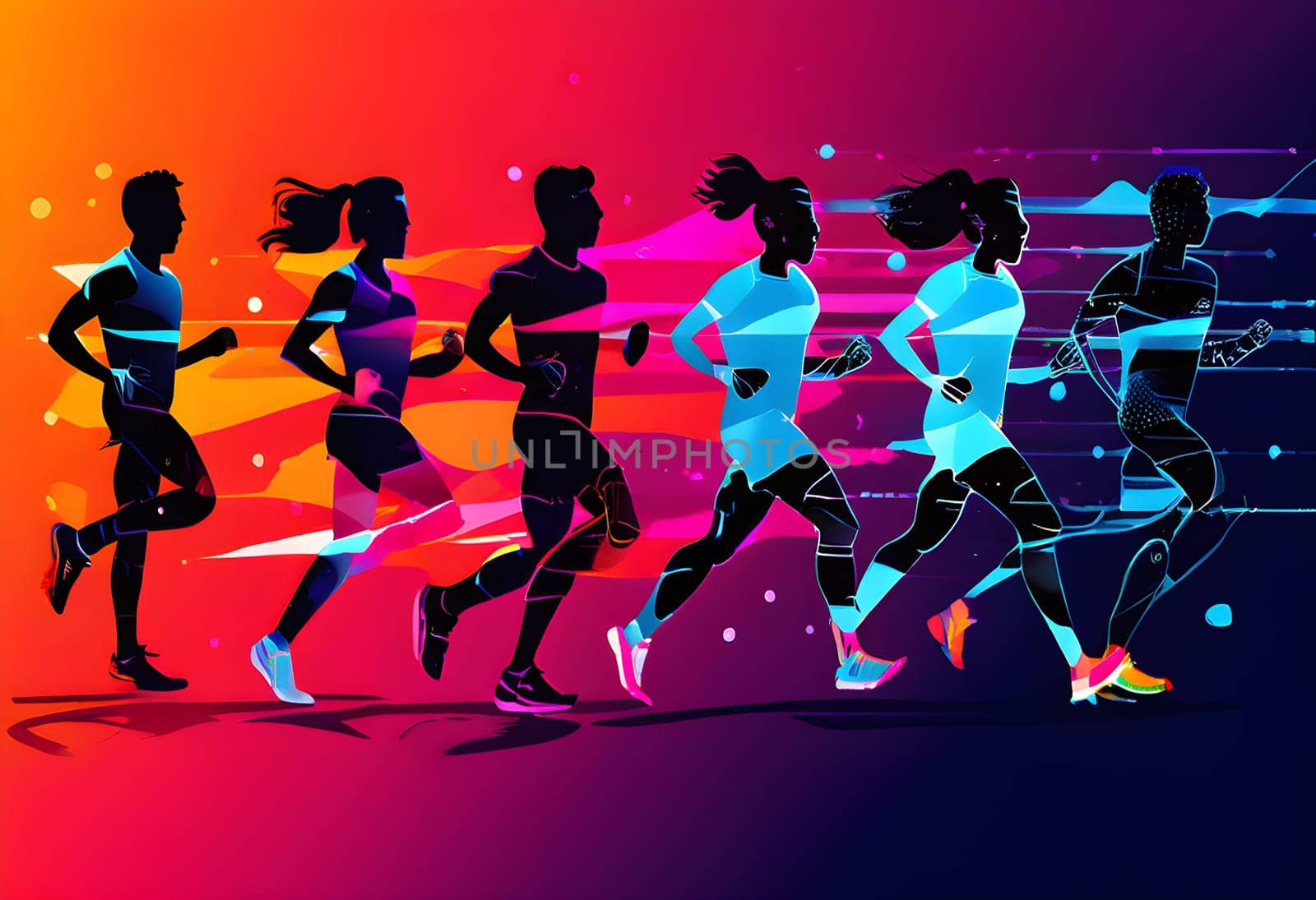 Converging digital lines and sport athletes silhouettes in vibrant colors, creating an abstract pattern to show AI’s impact in sports training