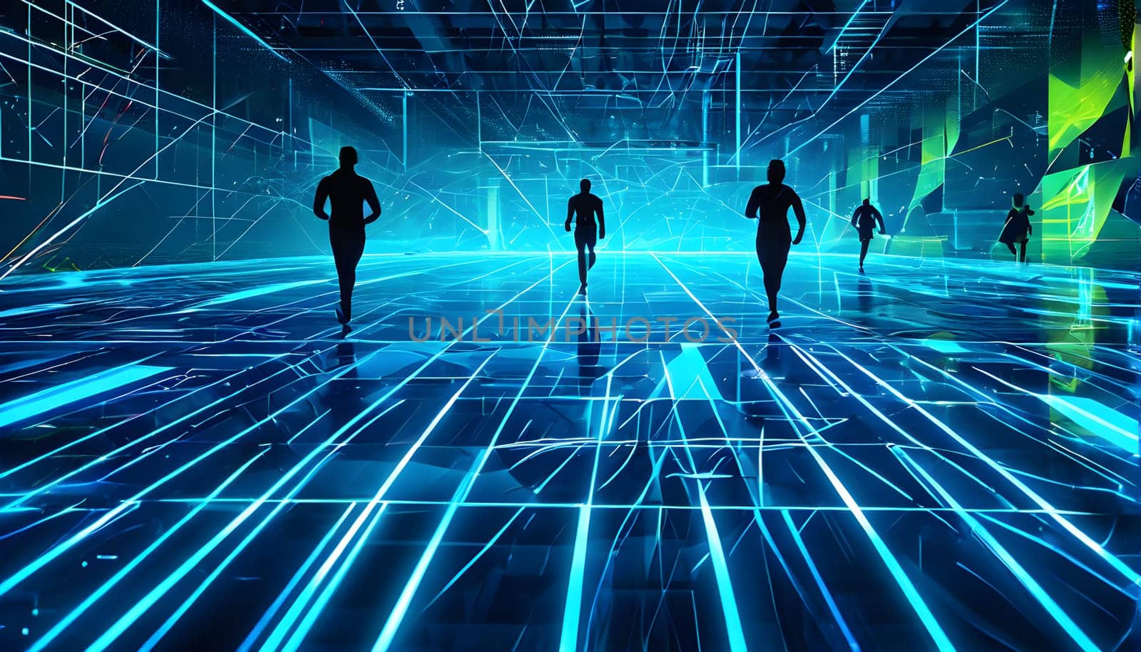 Converging digital lines and sport athletes silhouettes in vibrant colors, creating an abstract pattern to show AI’s impact in sports training