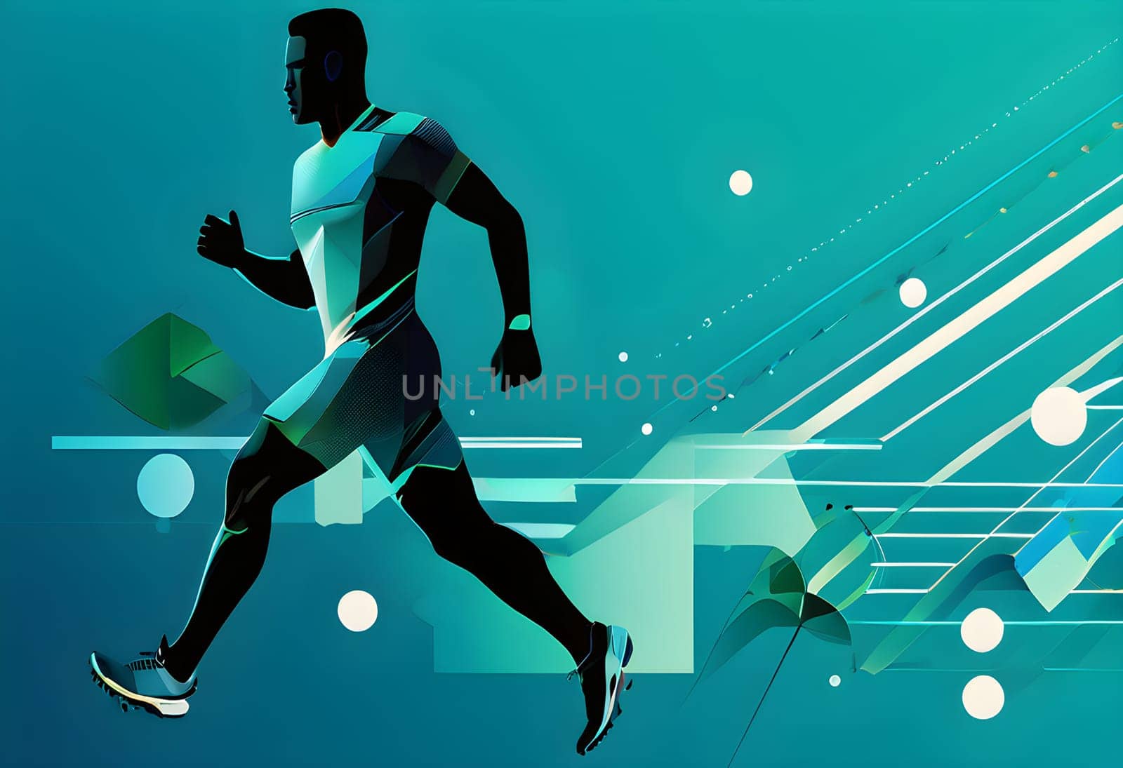 Converging digital lines and sport athletes silhouettes in vibrant colors, creating an abstract pattern to show AI’s impact in sports training