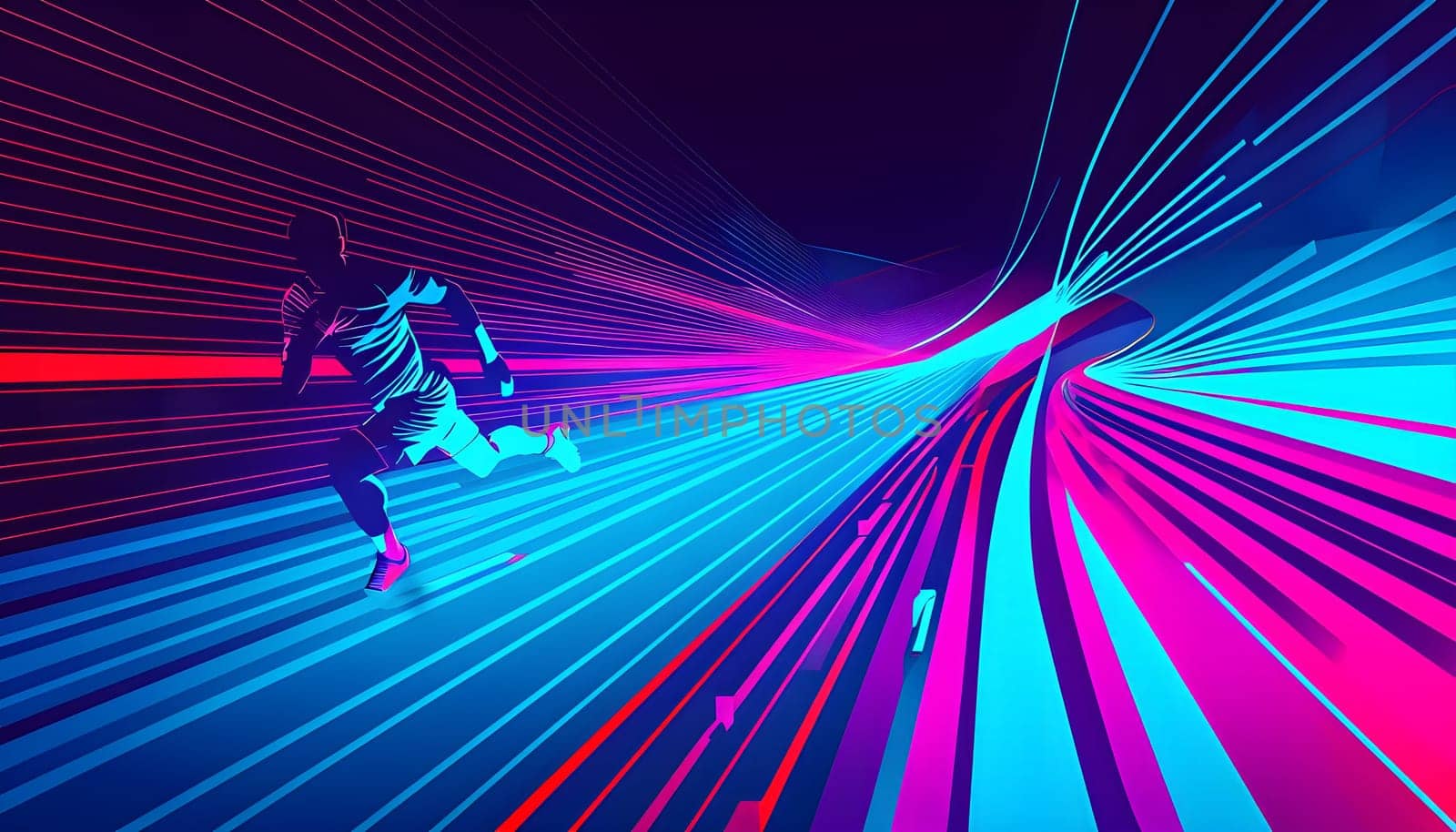 Converging digital lines and sport athletes silhouettes in vibrant colors, creating an abstract pattern to show AI’s impact in sports training
