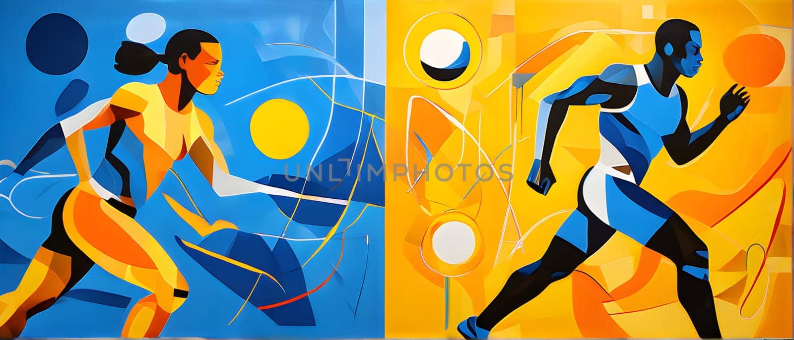 Converging digital lines and sport athletes silhouettes in vibrant colors, creating an abstract pattern to show AI’s impact in sports training