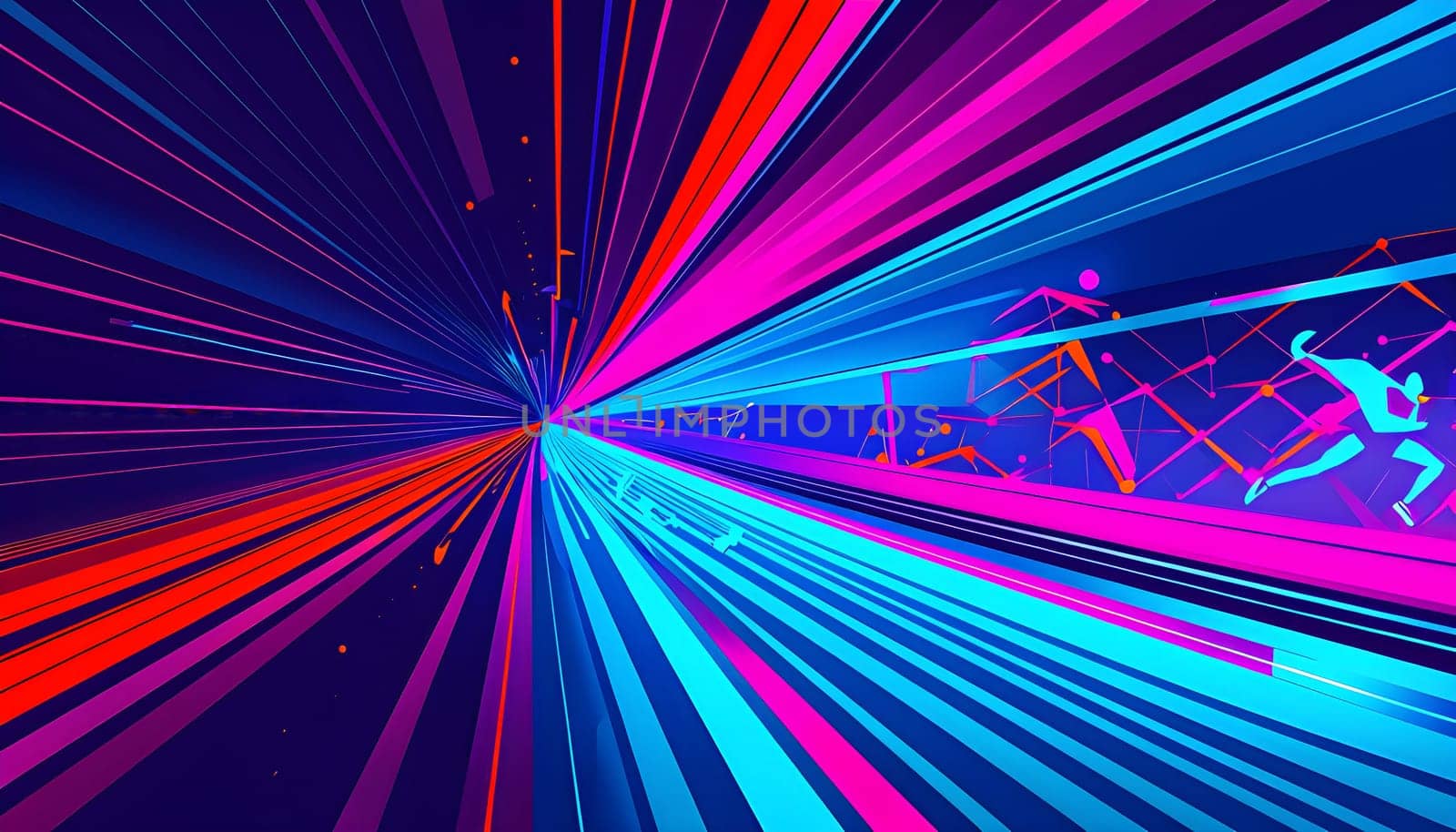 Converging digital lines and sport athletes silhouettes in vibrant colors, creating an abstract pattern to show AI’s impact in sports training