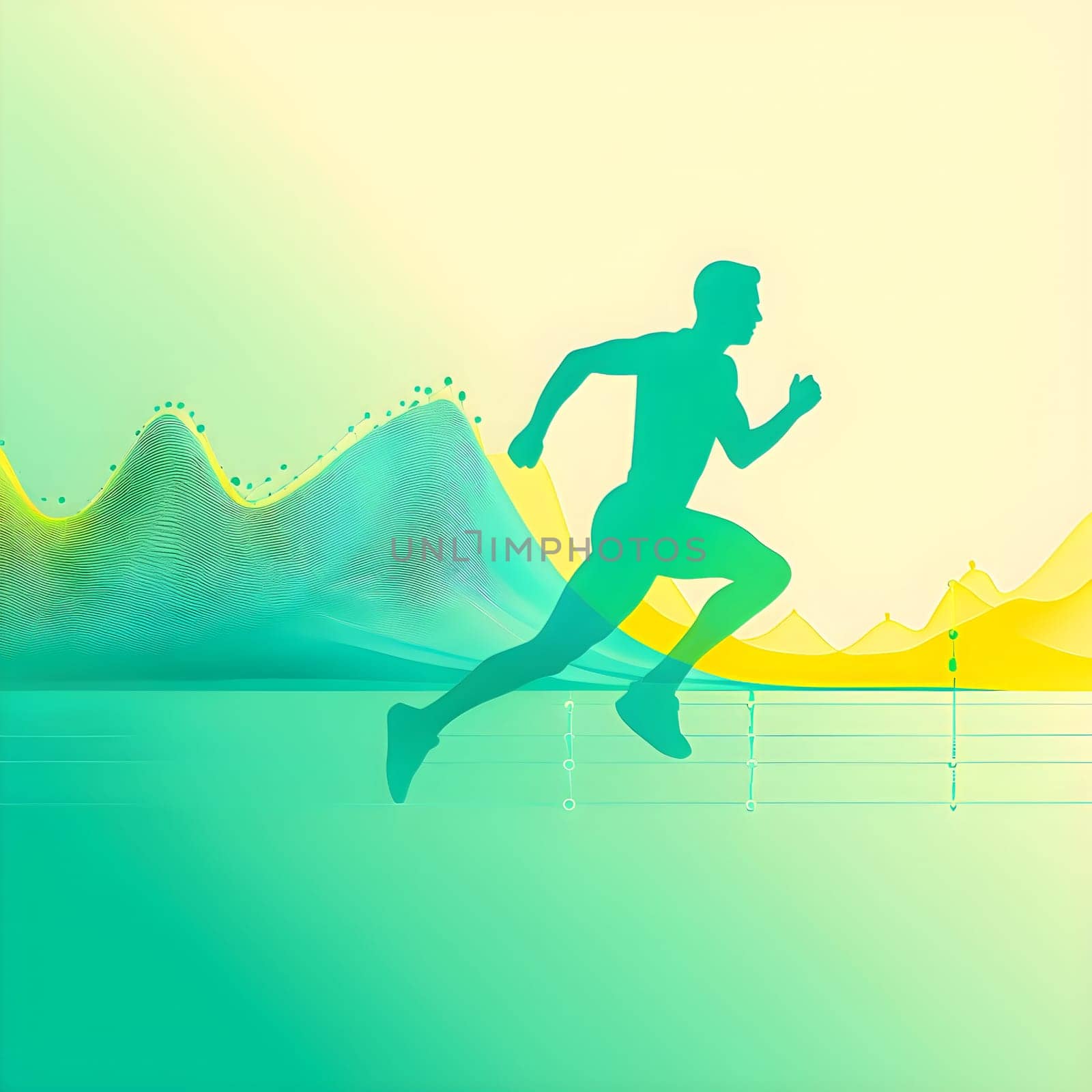 illustration of a wave of data points shaping into a runner's silhouette, conveying speed and precision guided by AI
