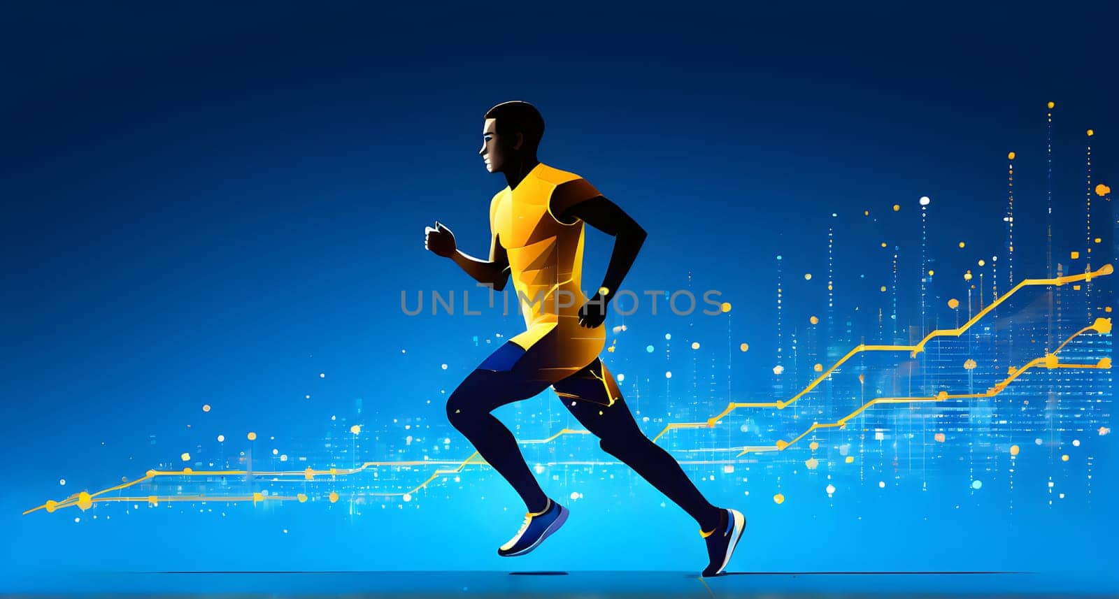 illustration of a wave of data points shaping into a runner's silhouette, conveying speed and precision guided by AI