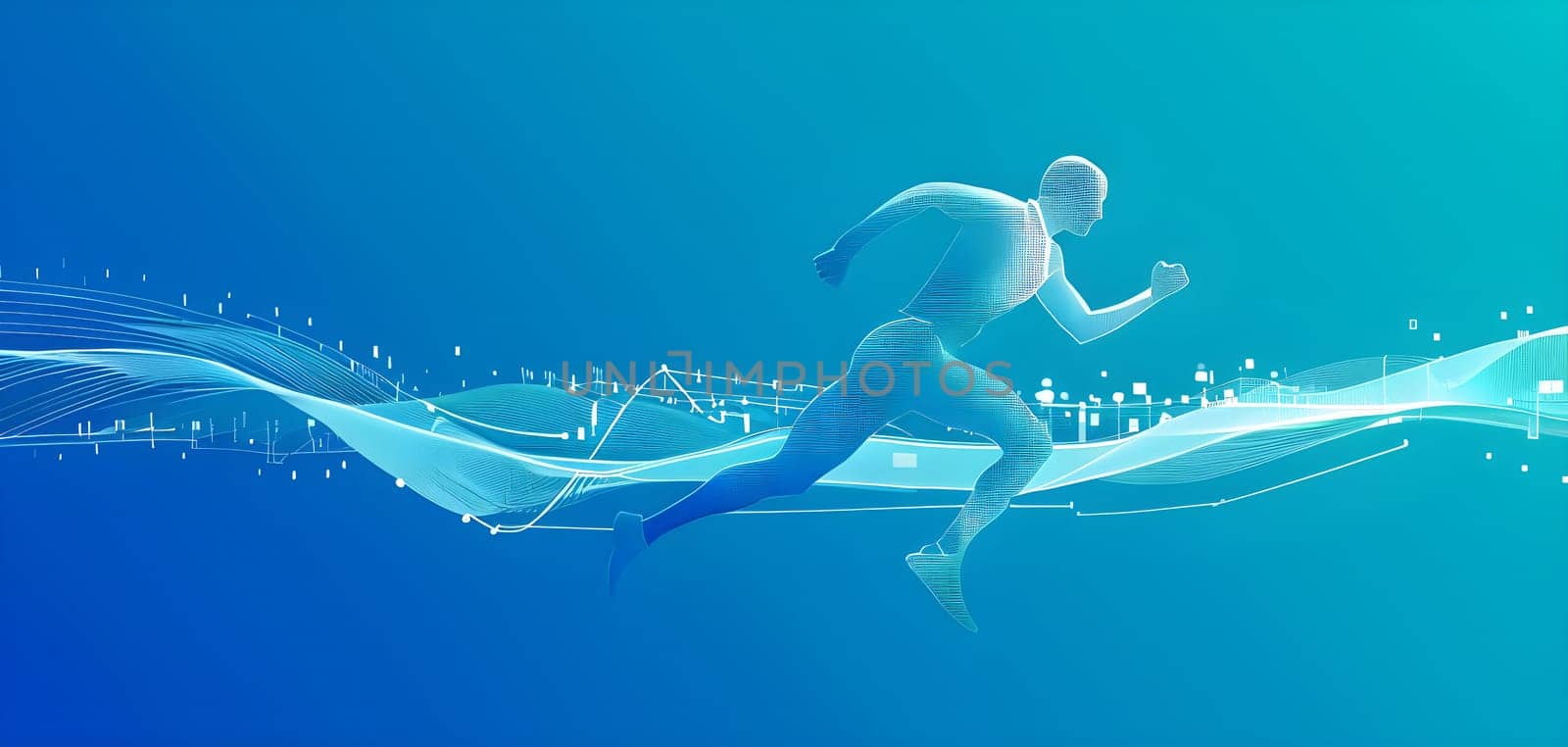 illustration of a wave of data points shaping into a runner's silhouette, conveying speed and precision guided by AI