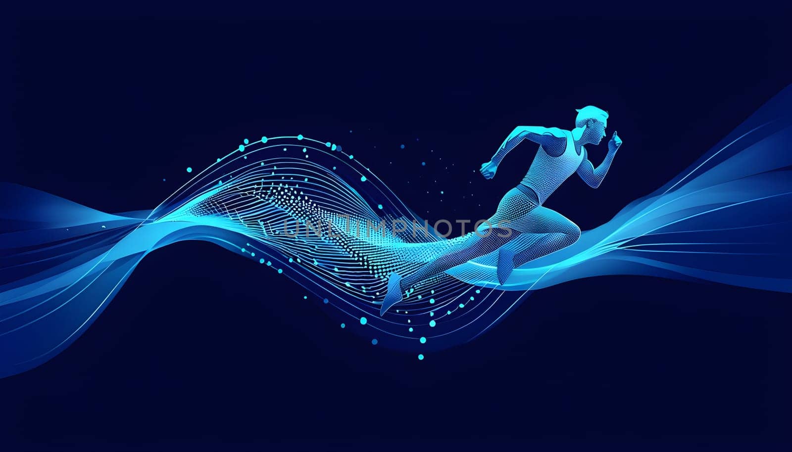 illustration of a wave of data points shaping into a runner's silhouette, conveying speed and precision guided by AI