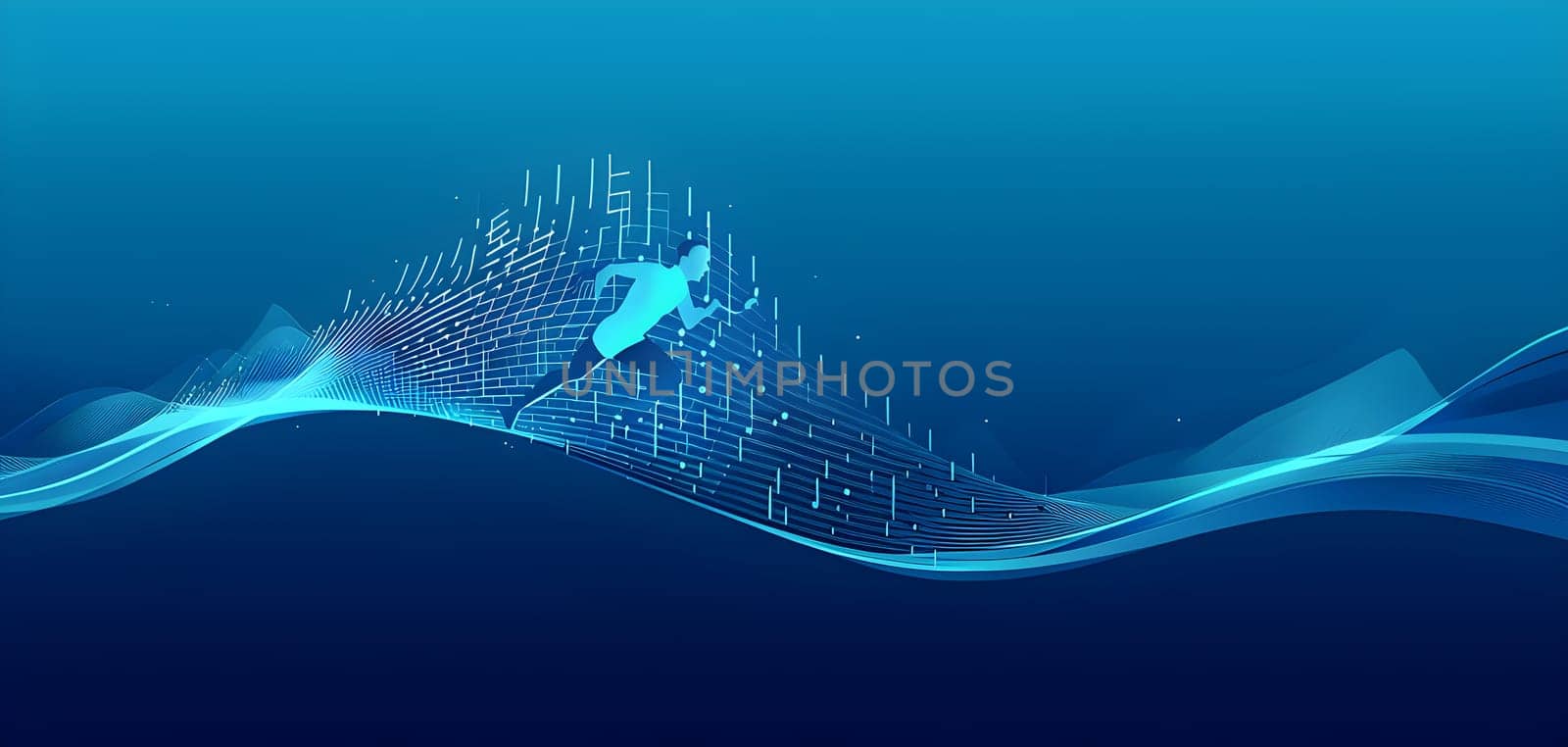 illustration of a wave of data points shaping into a runner's silhouette, conveying speed and precision guided by AI