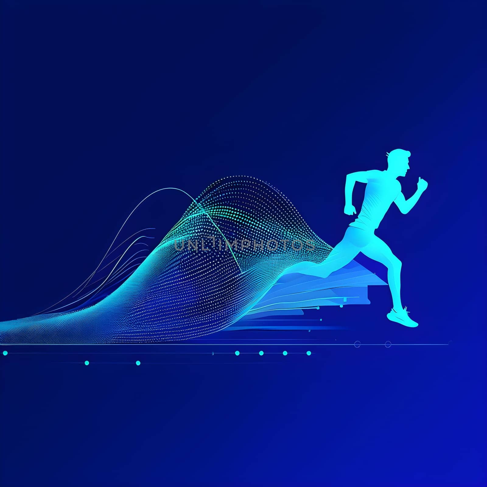 illustration of a wave of data points shaping into a runner's silhouette, conveying speed and precision guided by AI