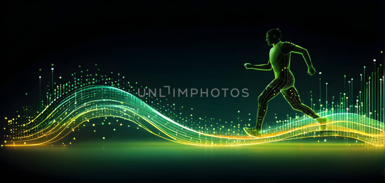 illustration of a wave of data points shaping into a runner's silhouette, conveying speed and precision guided by AI
