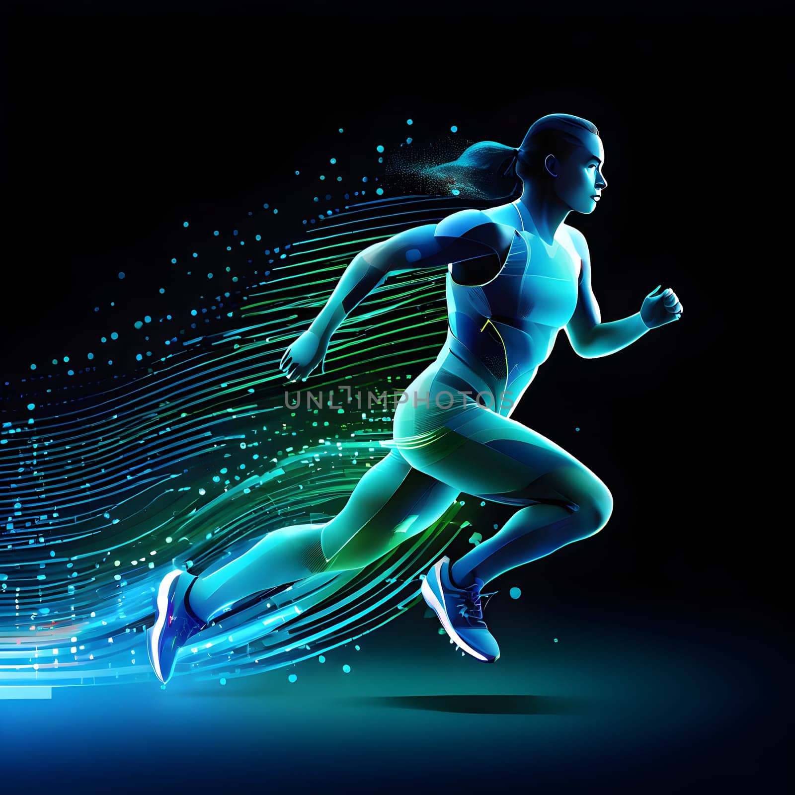 illustration of a wave of data points shaping into a runner's silhouette, conveying speed and precision guided by AI