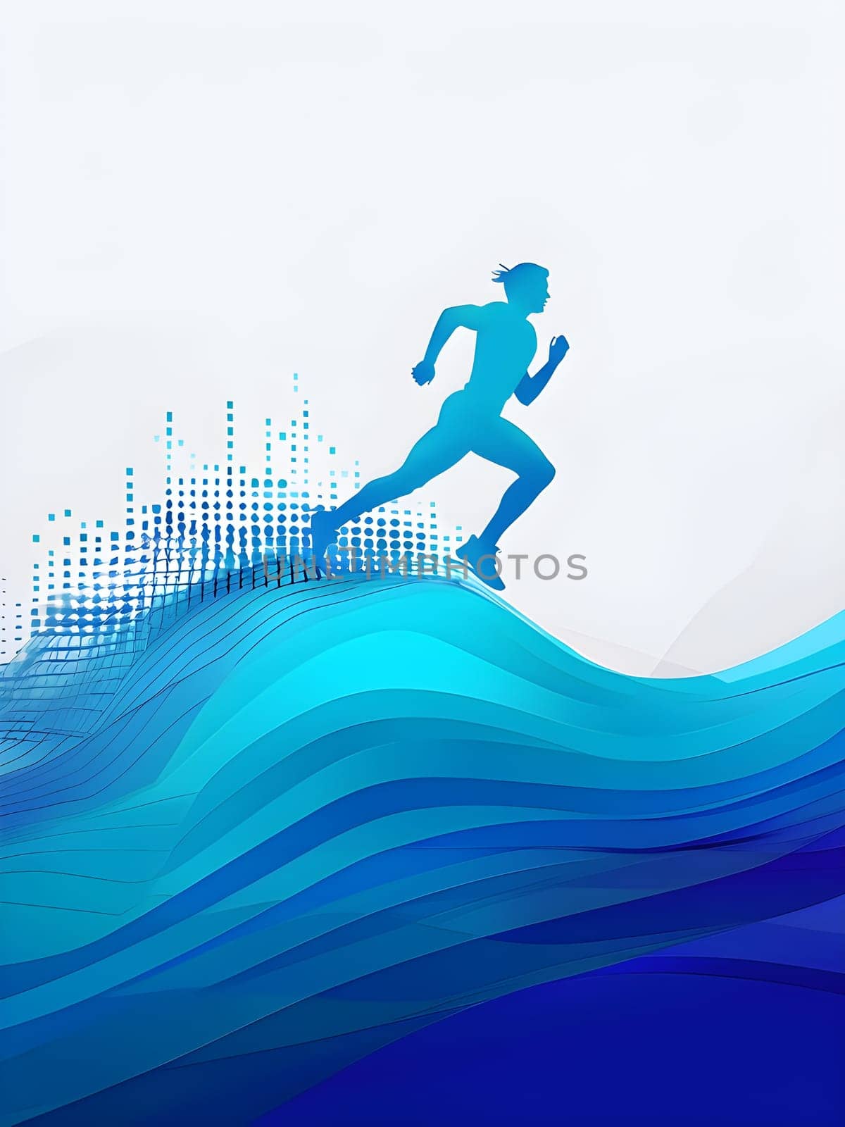 illustration of a wave of data points shaping into a runner's silhouette, conveying speed and precision guided by AI