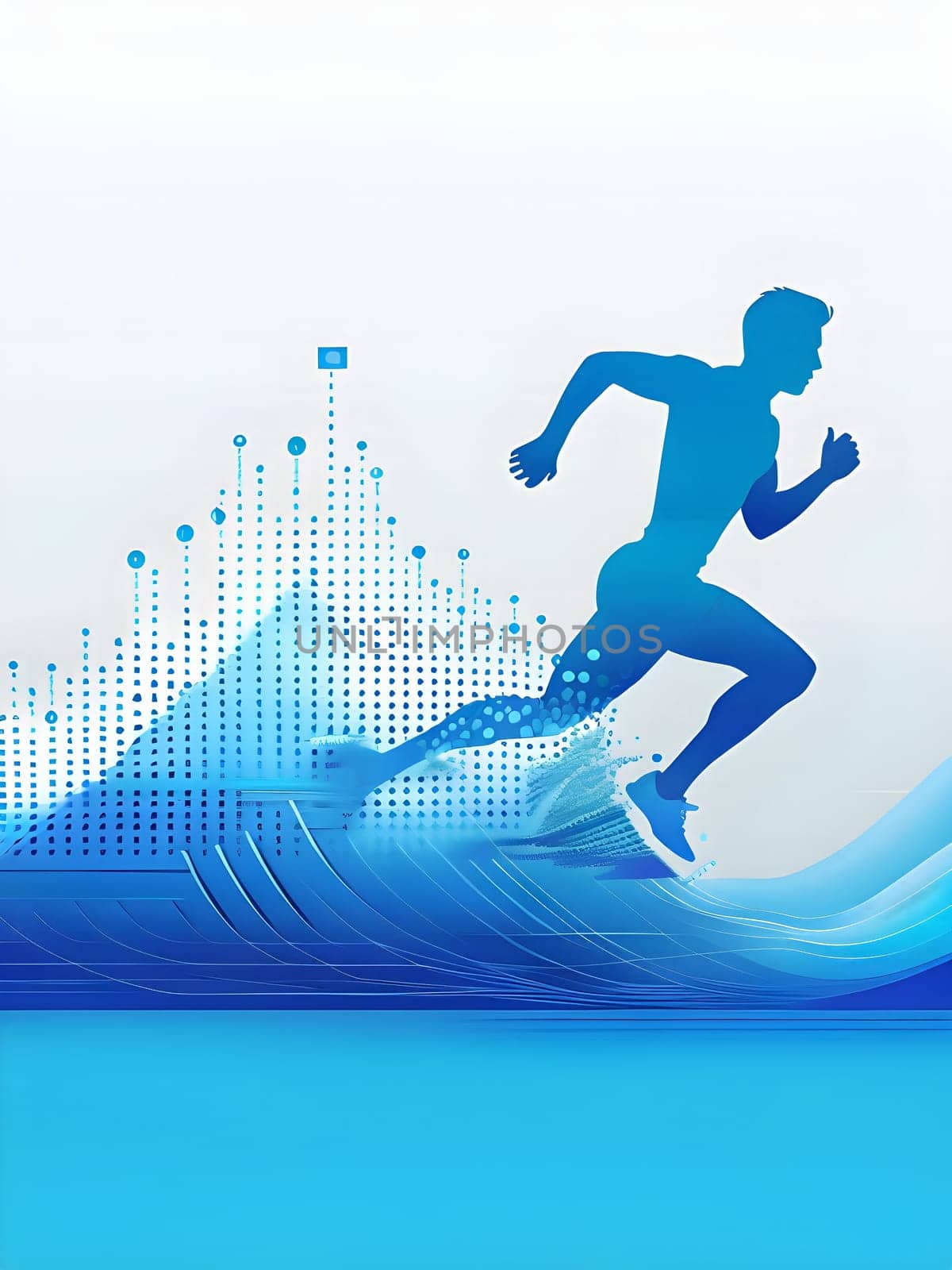 illustration of a wave of data points shaping into a runner's silhouette, conveying speed and precision guided by AI