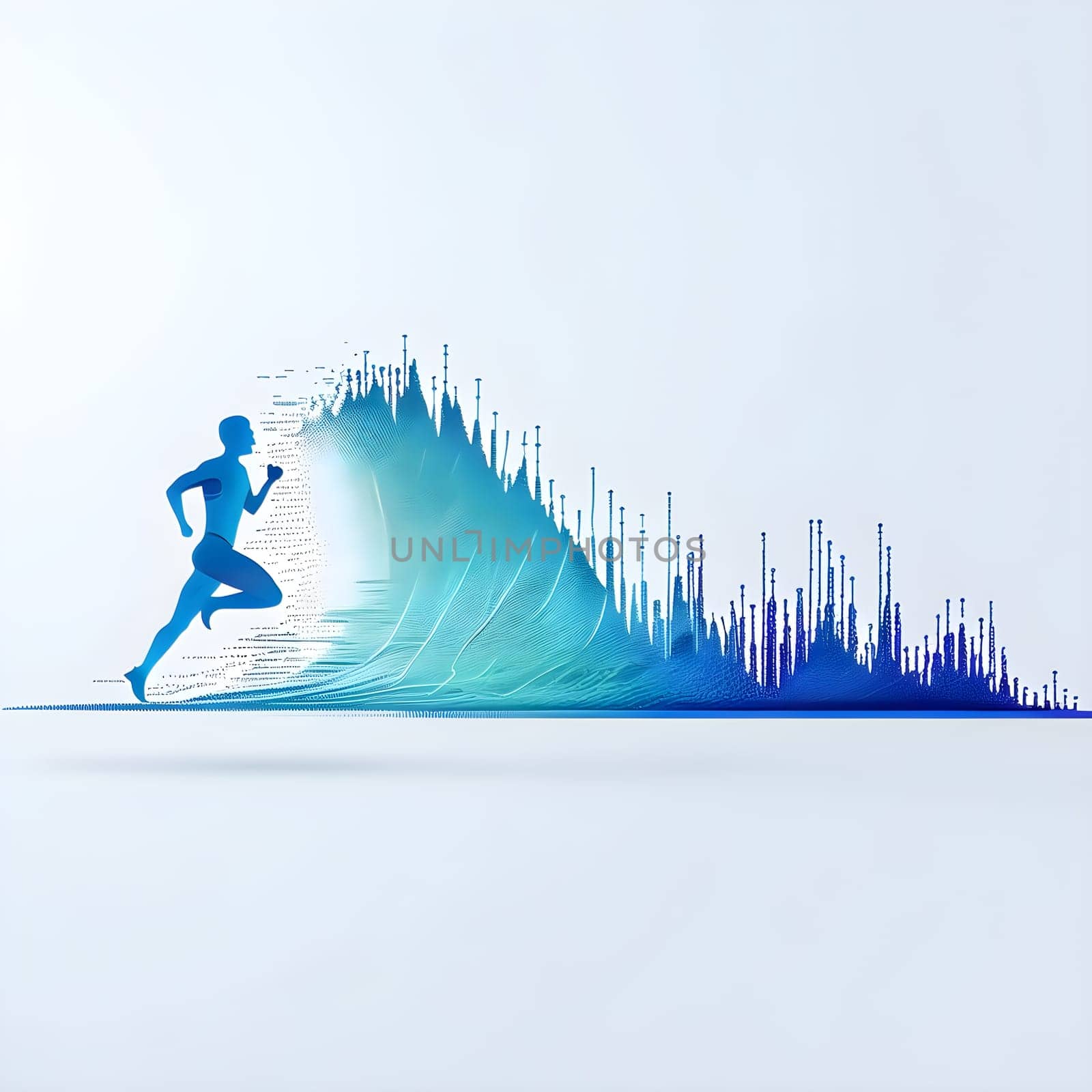 illustration of a wave of data points shaping into a runner's silhouette, conveying speed and precision guided by AI
