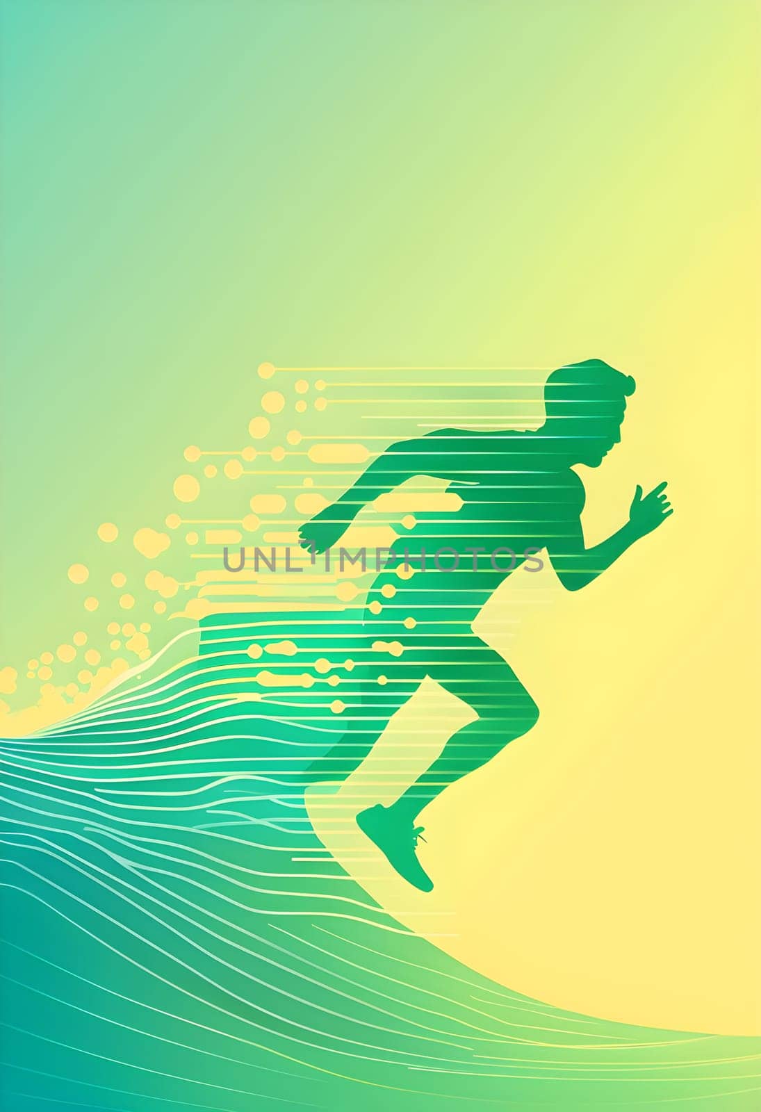 illustration of a wave of data points shaping into a runner's silhouette, conveying speed and precision guided by AI