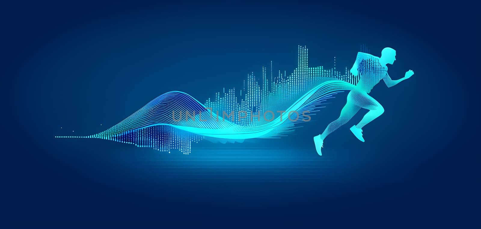 illustration of a wave of data points shaping into a runner's silhouette, conveying speed and precision guided by AI