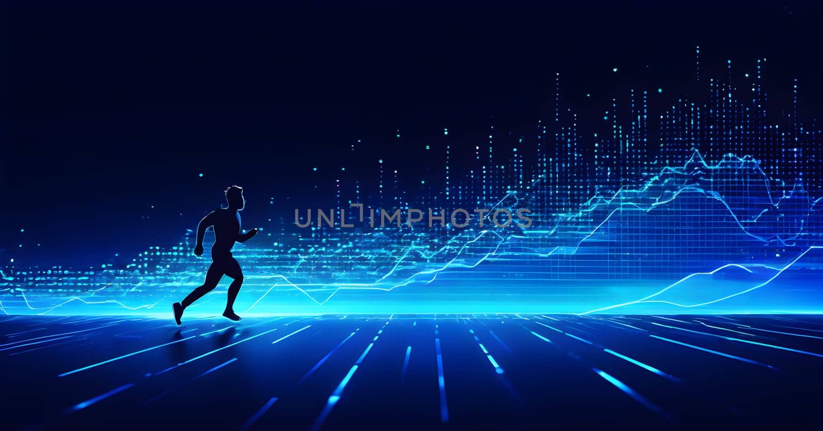 illustration of a wave of data points shaping into a runner's silhouette, conveying speed and precision guided by AI