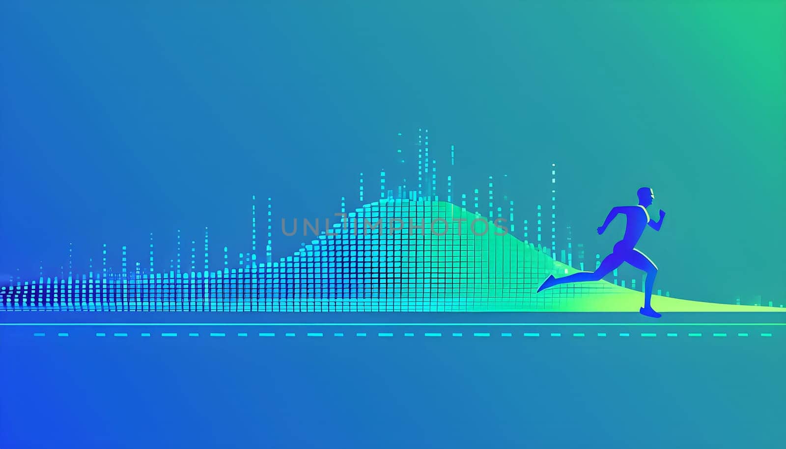 illustration of a wave of data points shaping into a runner's silhouette, conveying speed and precision guided by AI