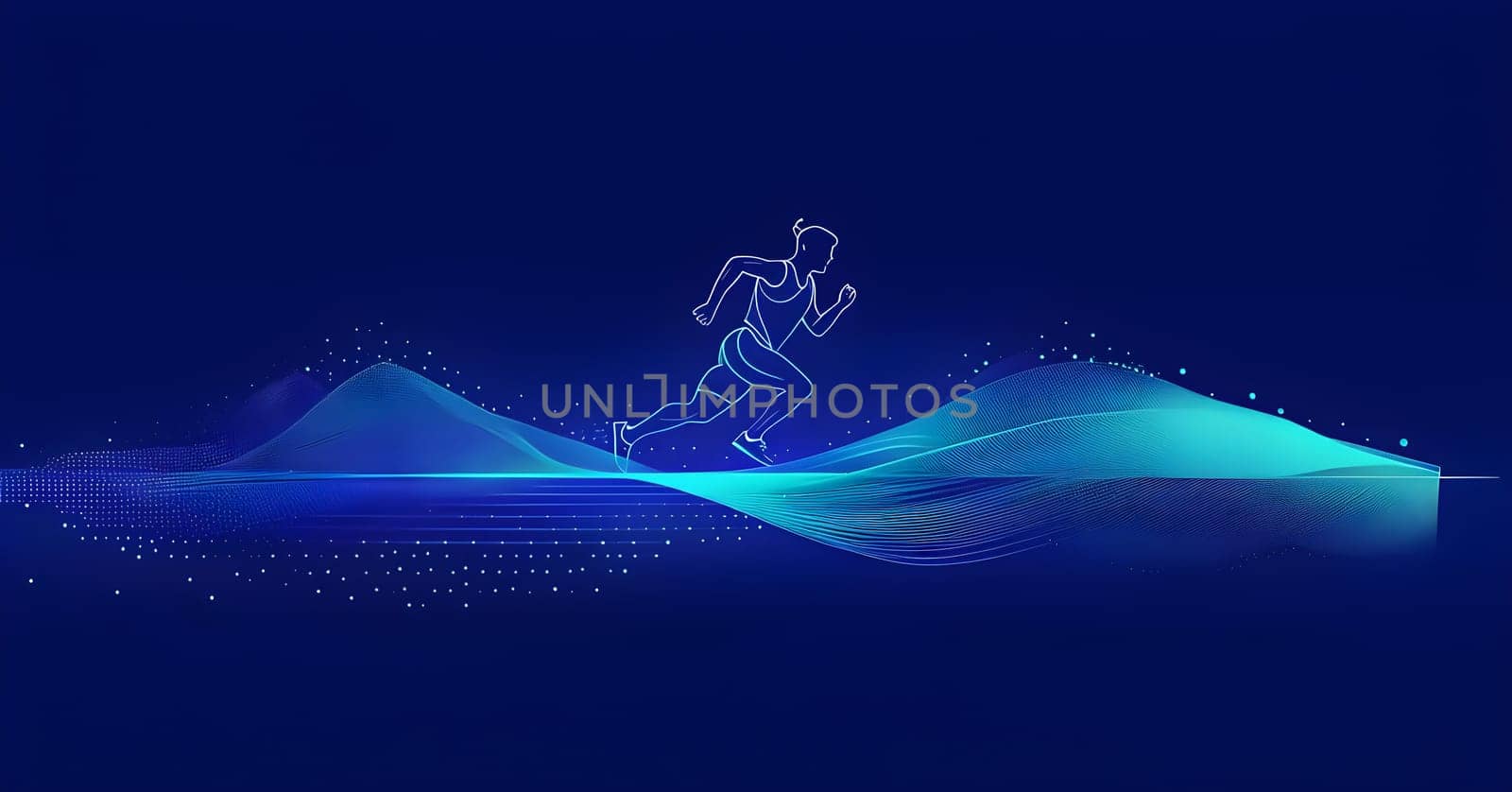 illustration of a wave of data points shaping into a runner's silhouette, conveying speed and precision guided by AI