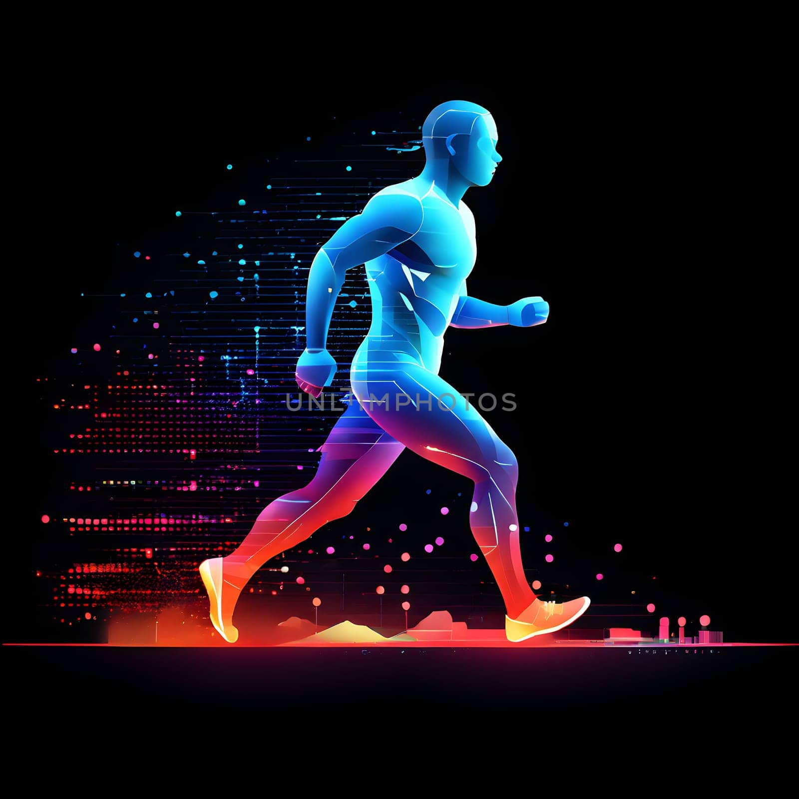 illustration of a wave of data points shaping into a runner's silhouette, conveying speed and precision guided by AI