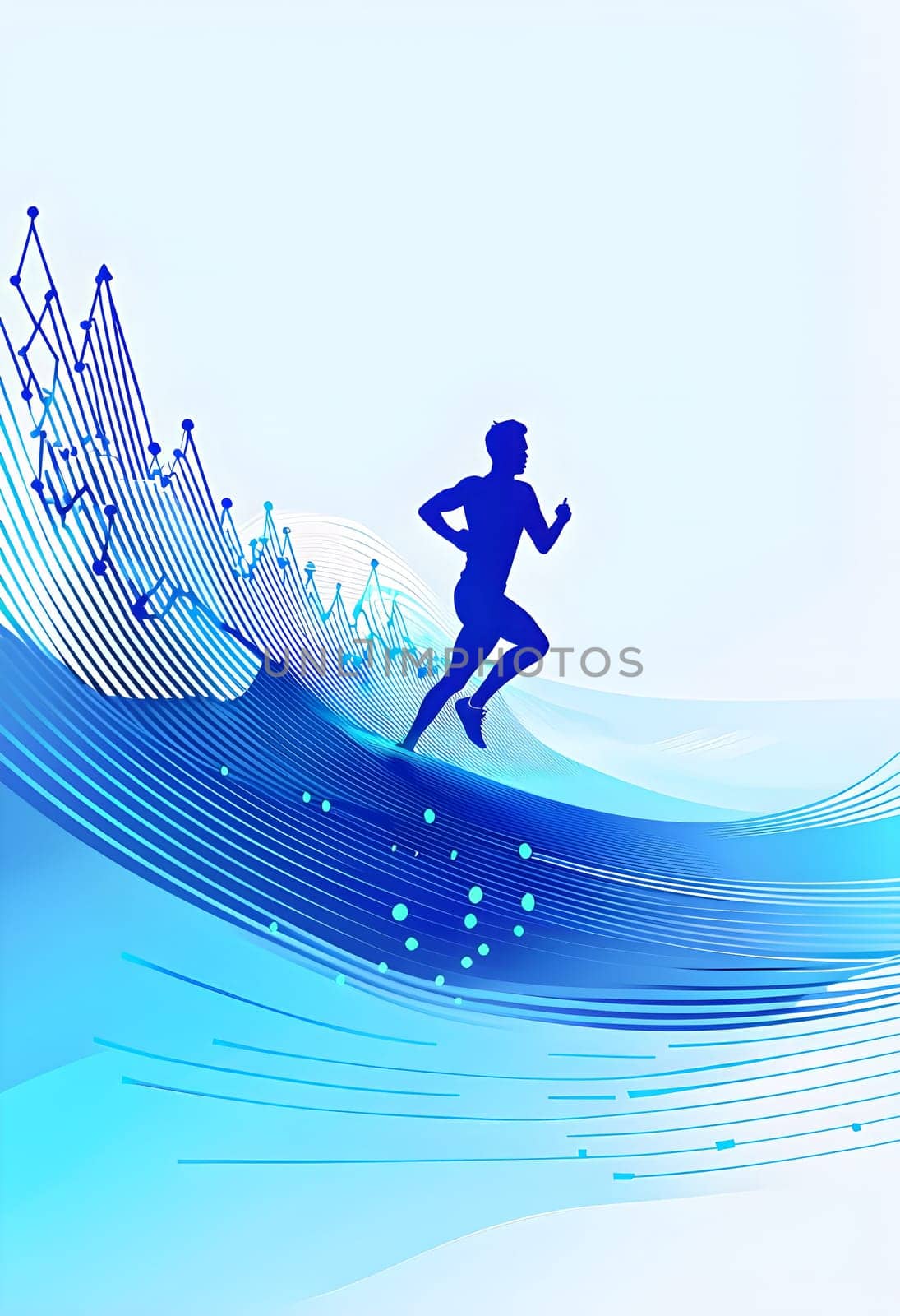 illustration of a wave of data points shaping into a runner's silhouette, conveying speed and precision guided by AI