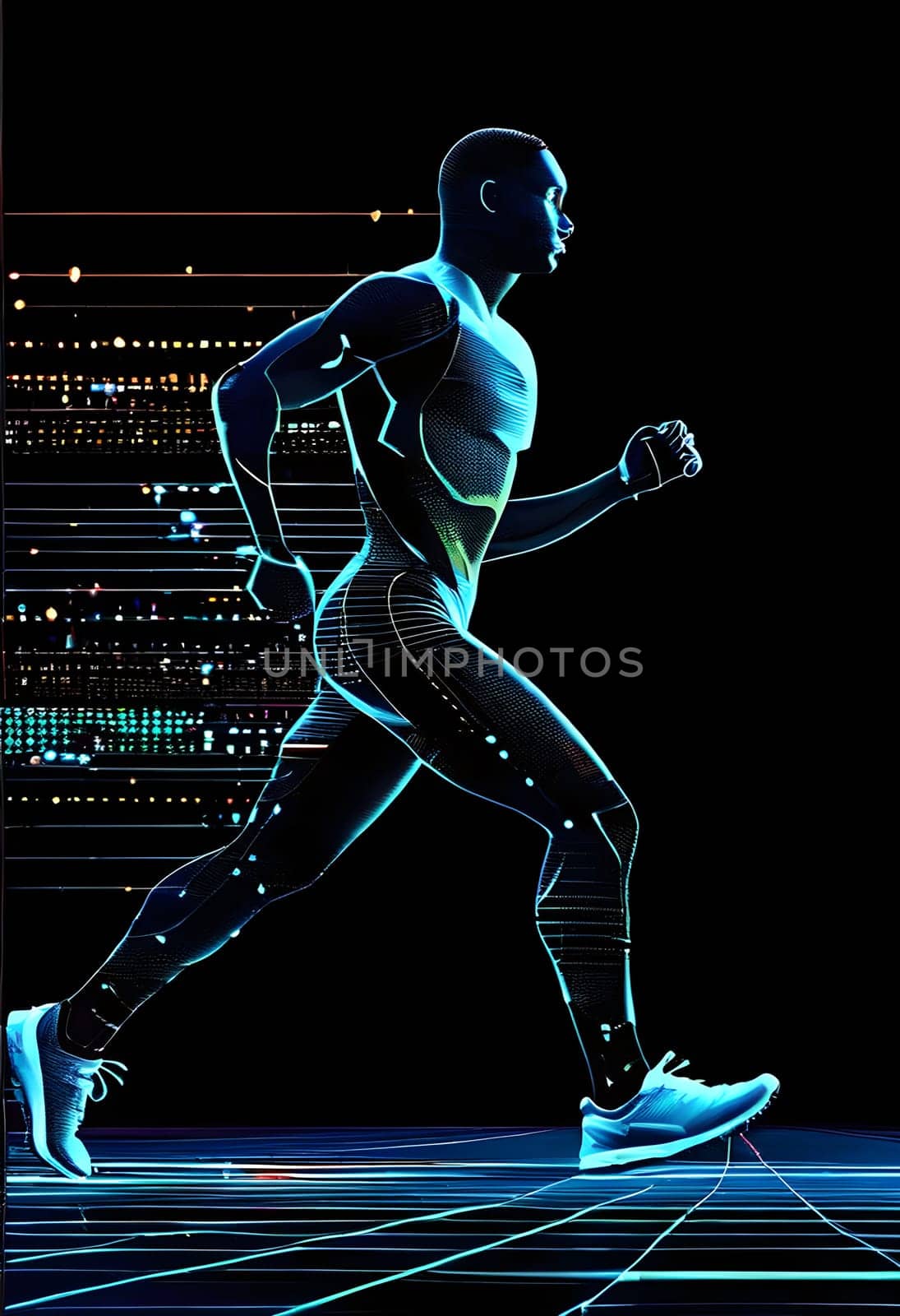 illustration of a wave of data points shaping into a runner's silhouette, conveying speed and precision guided by AI