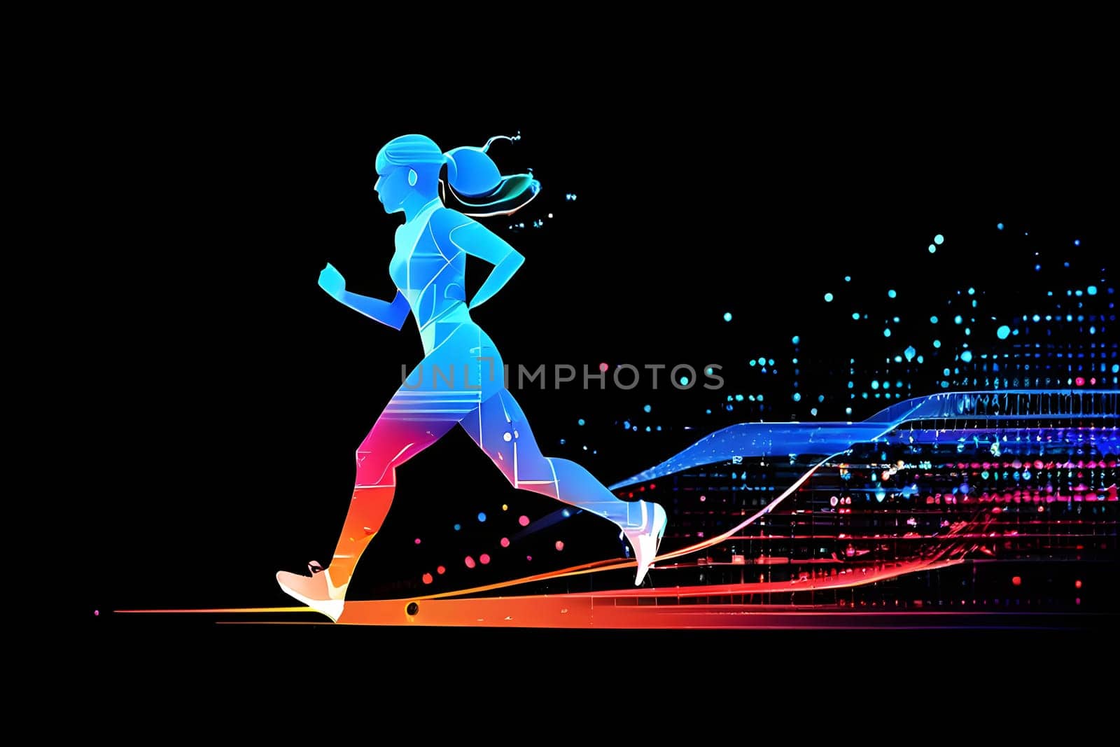 illustration of a wave of data points shaping into a runner's silhouette, conveying speed and precision guided by AI