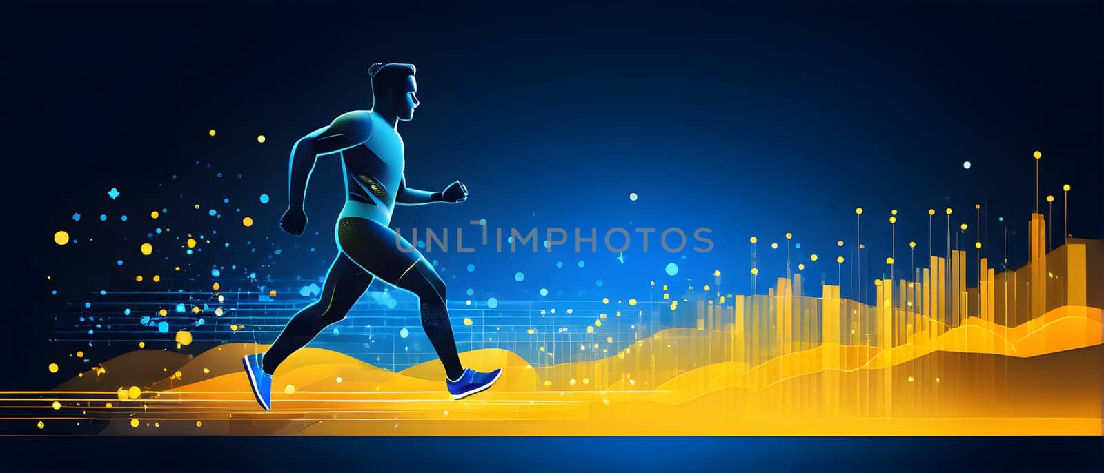 illustration of a wave of data points shaping into a runner's silhouette, conveying speed and precision guided by AI