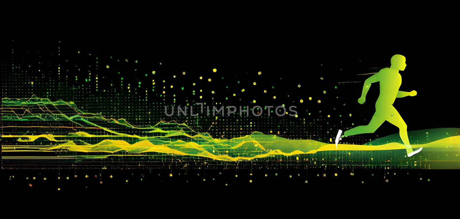 illustration of a wave of data points shaping into a runner's silhouette, conveying speed and precision guided by AI