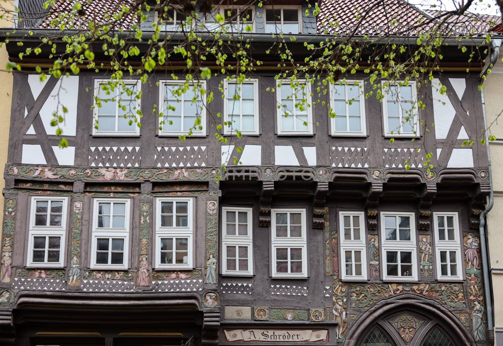 Gottingen, Germany - April 15, 2023: Half timbered Schröder House in the center of Gottingen, Germany