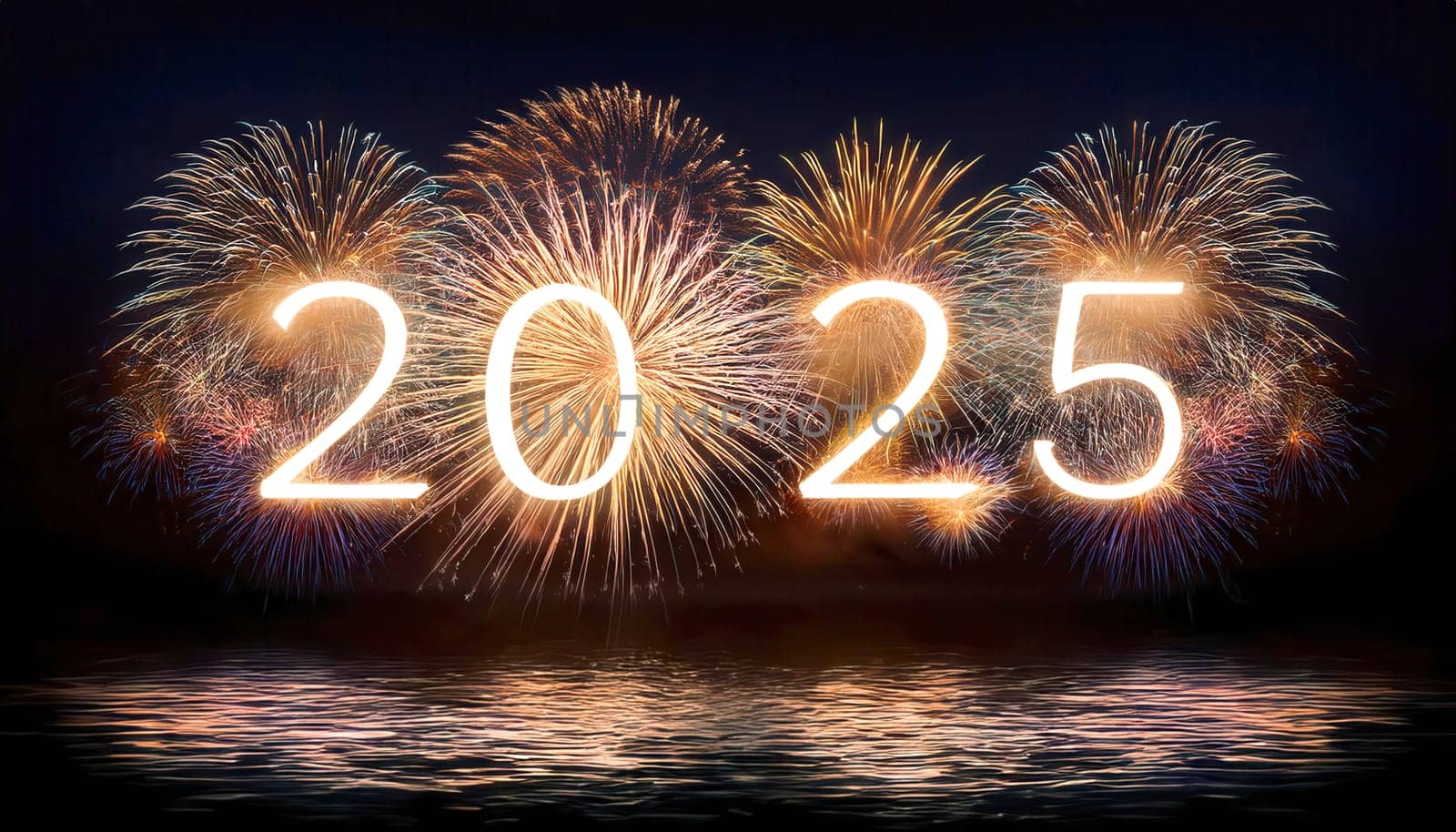 The number 2025 is projected into the sky along with fireworks, and its reflection can be seen in the water.