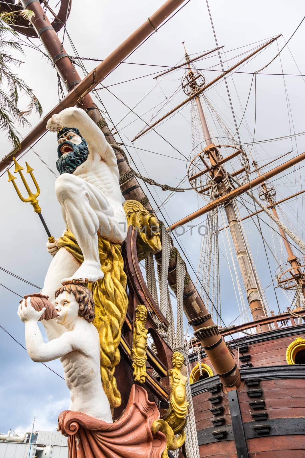 Genoa, Italy - August 17, 2024: detail of the Neptune galleon in Genoa port. The ship was built in 1985 for Roman Polanski film Pirates, replica of a 17th-century galleon