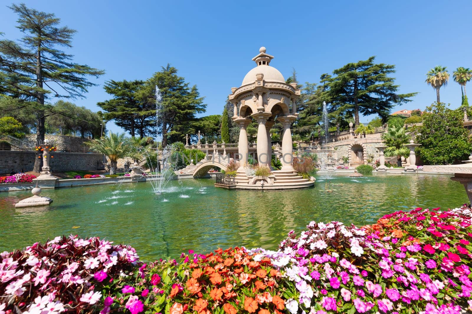 Imperia, Italy - 14 August 2023: Villa Grock - Grock's Italian mansion with garden, fountain, beautiful summer