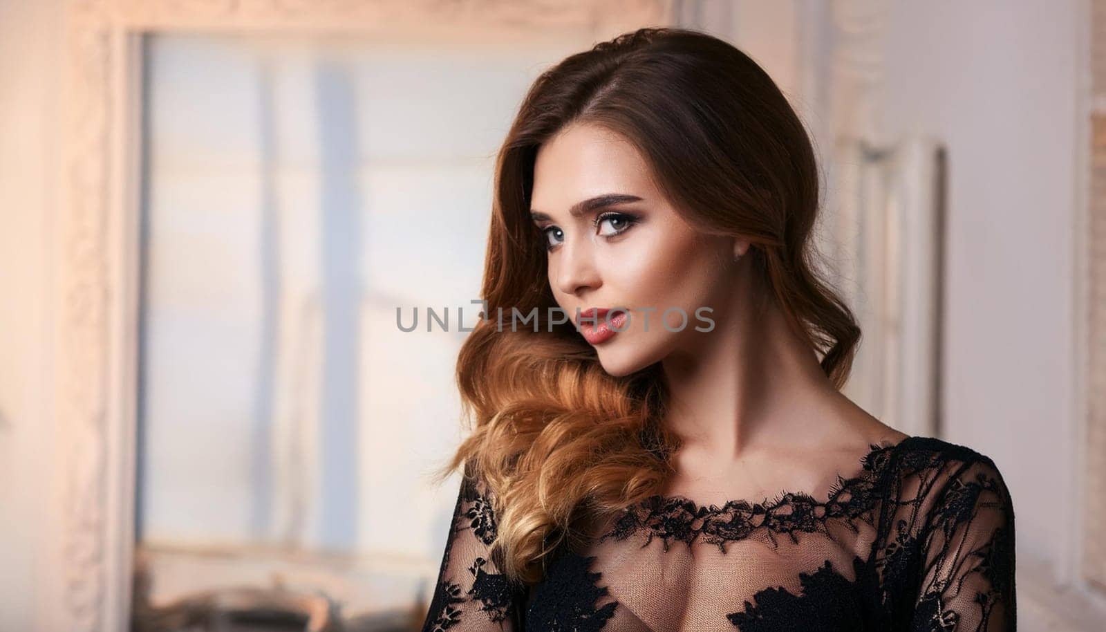 pretty young woman in black lace night gown, AI generated image