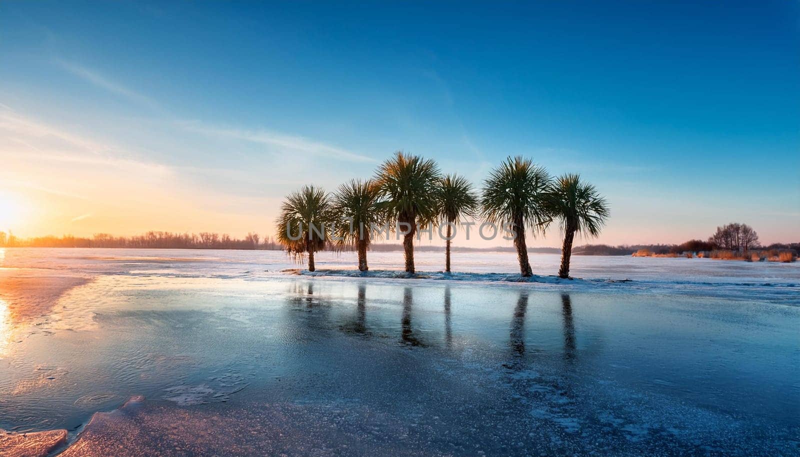 palm trees in cold arctic landscape, AI generated image