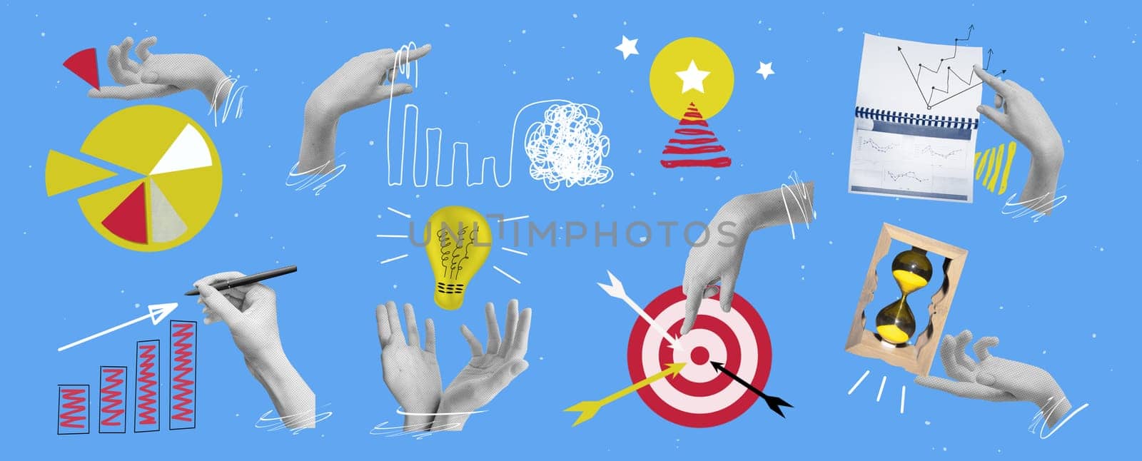 Contemporary collage or art design about main business concepts - sales increase. goal achievement. market share. marketing. leadership and idea