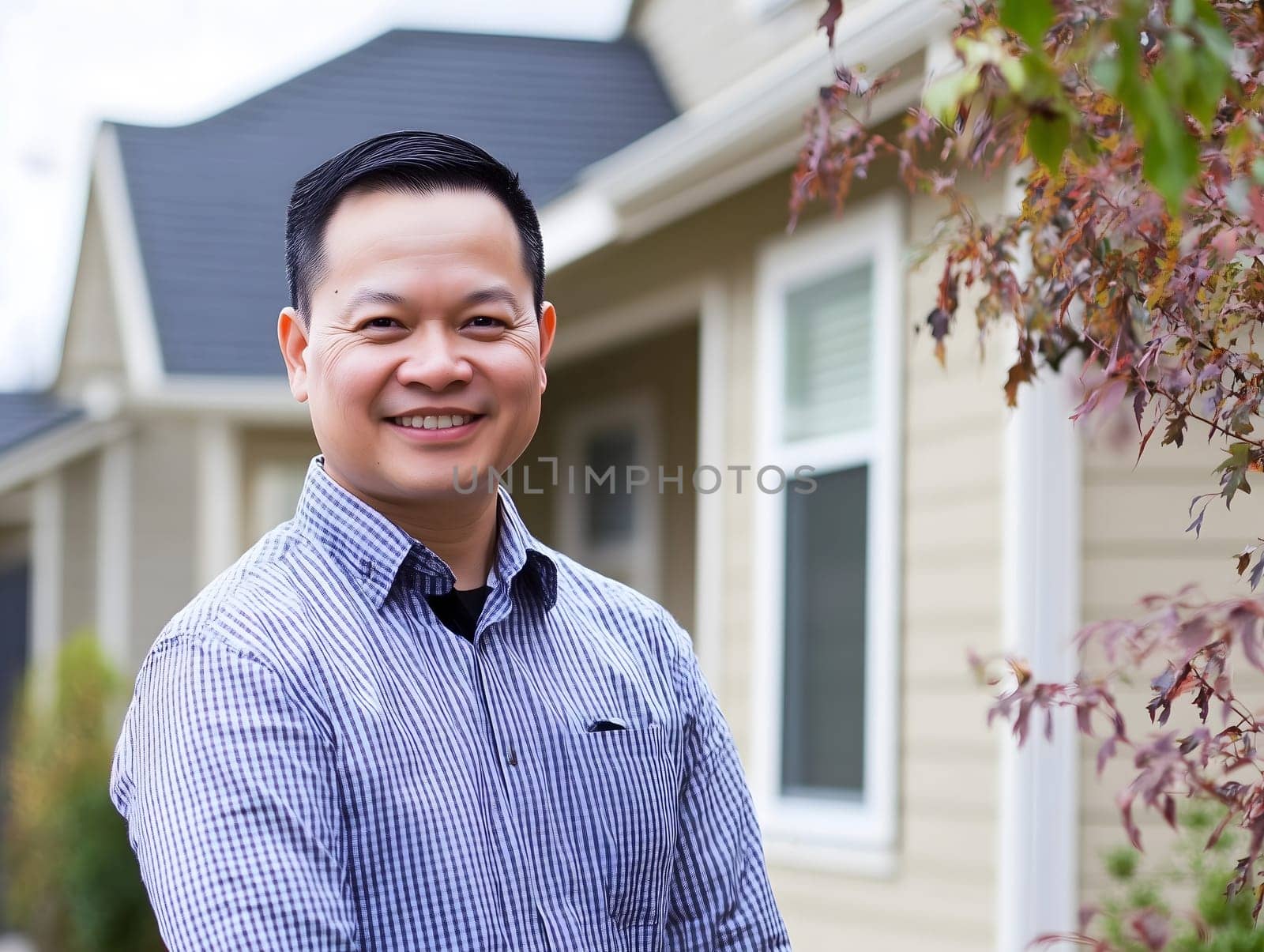 Happy asian man outside in front of his new home house