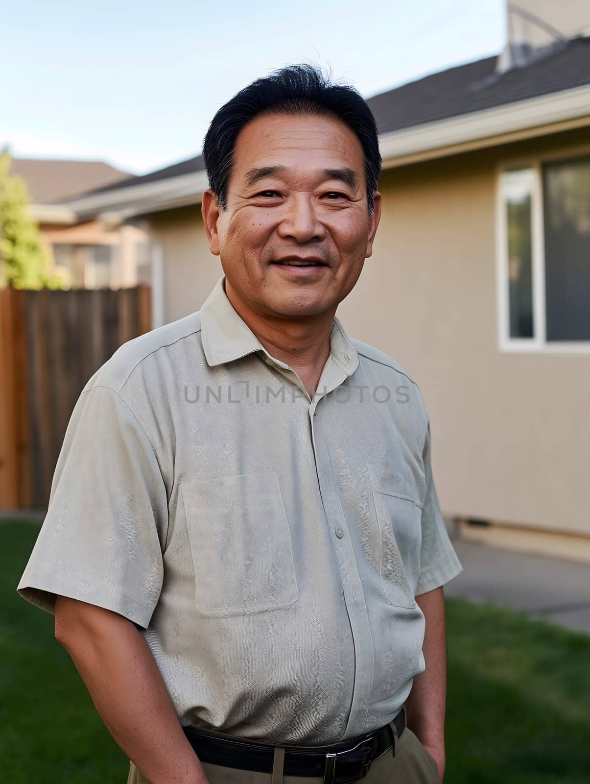 Happy asian man outside in front of his new home house