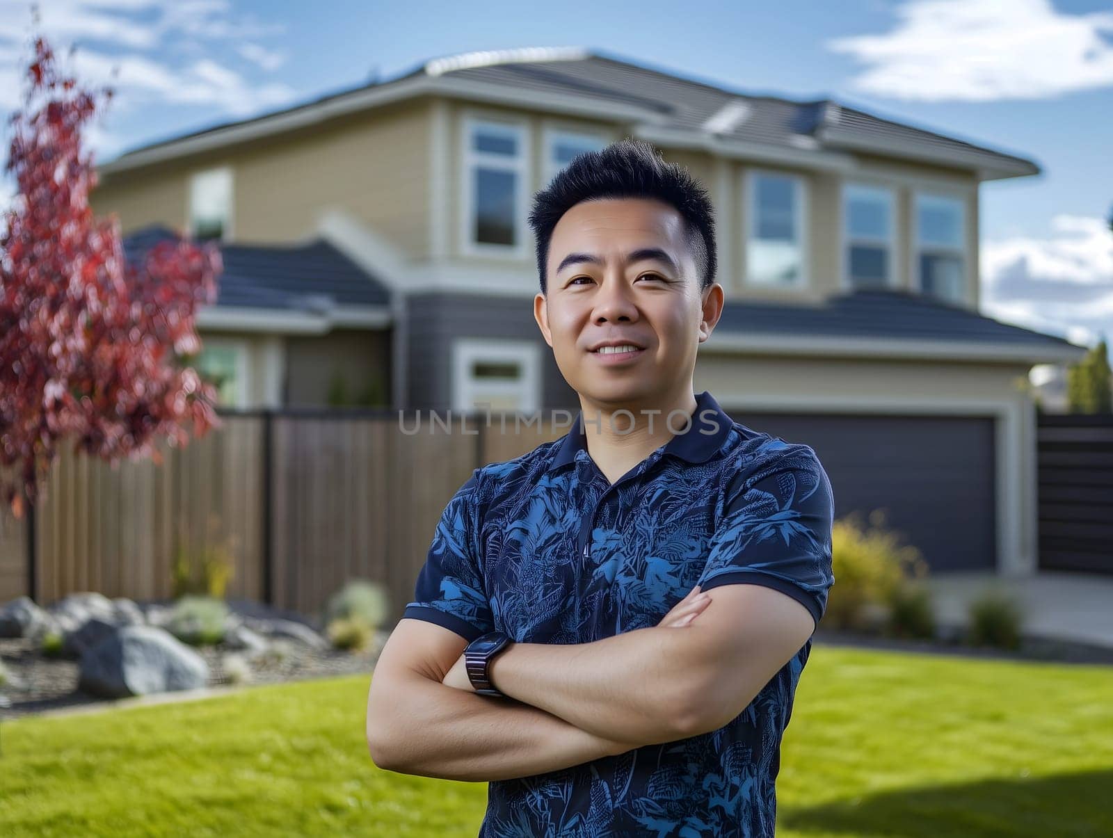Happy asian man outside in front of his new home house