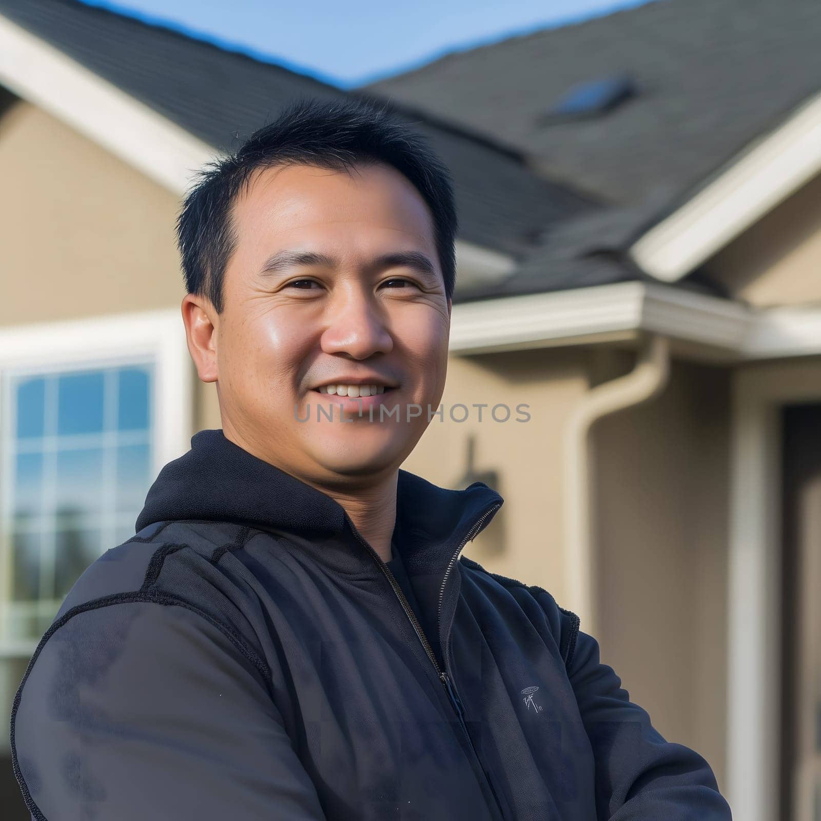 Happy asian man outside in front of his new home house