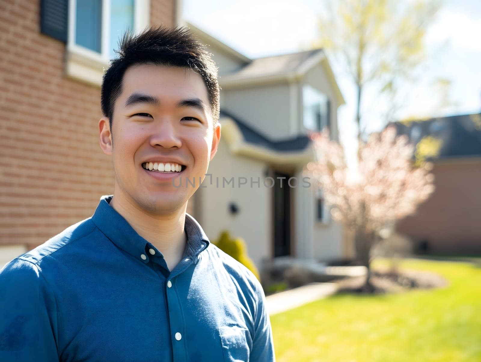 Happy asian man outside in front of his new home house