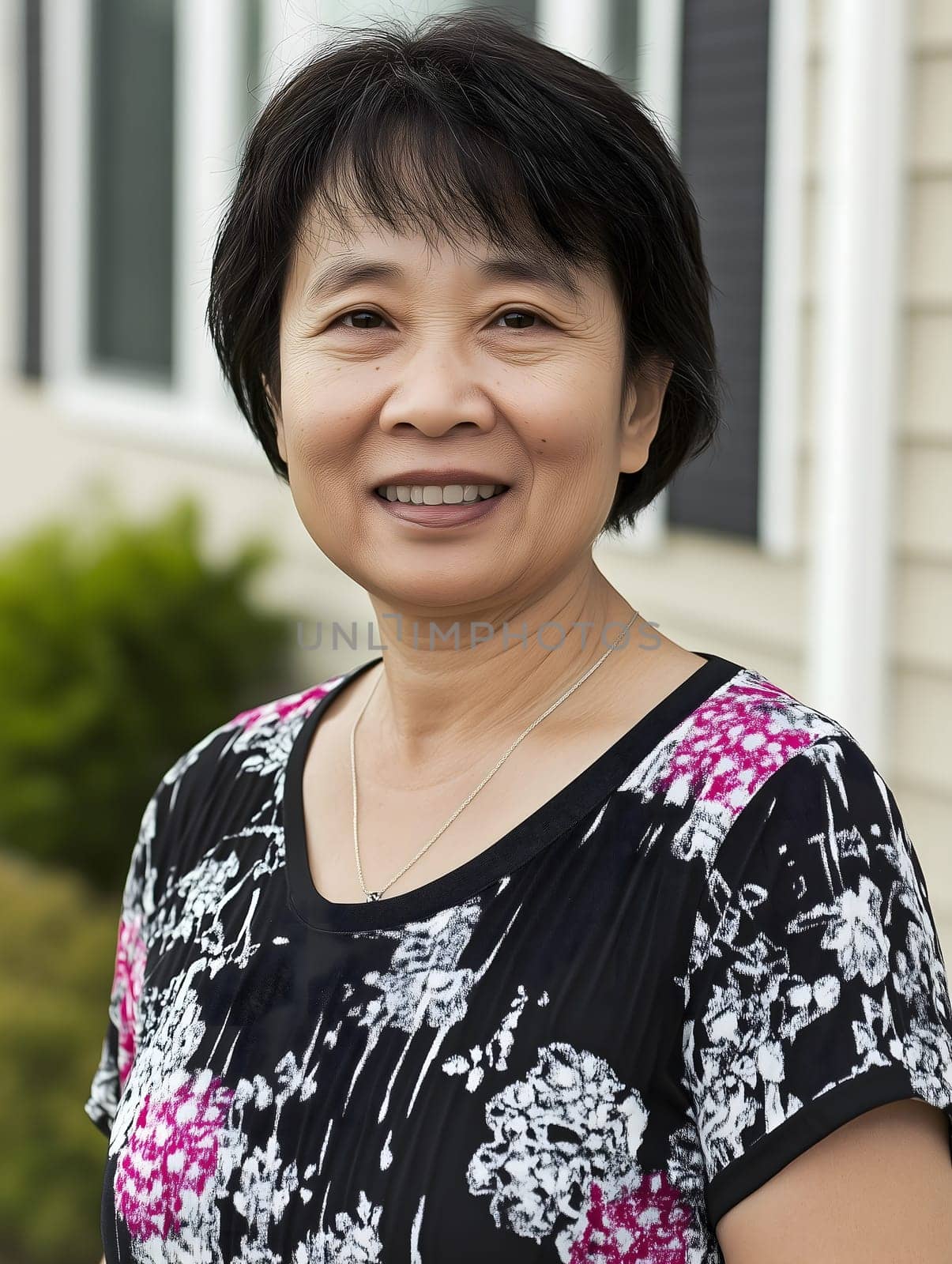 asian woman outdoors in front of her new home house