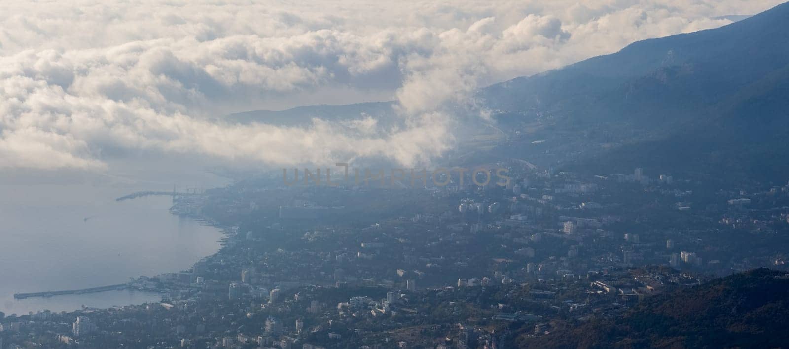 Beautiful cumulus clouds over the mountains and valleys of Crimea. The landscape of the nature of Crimea.