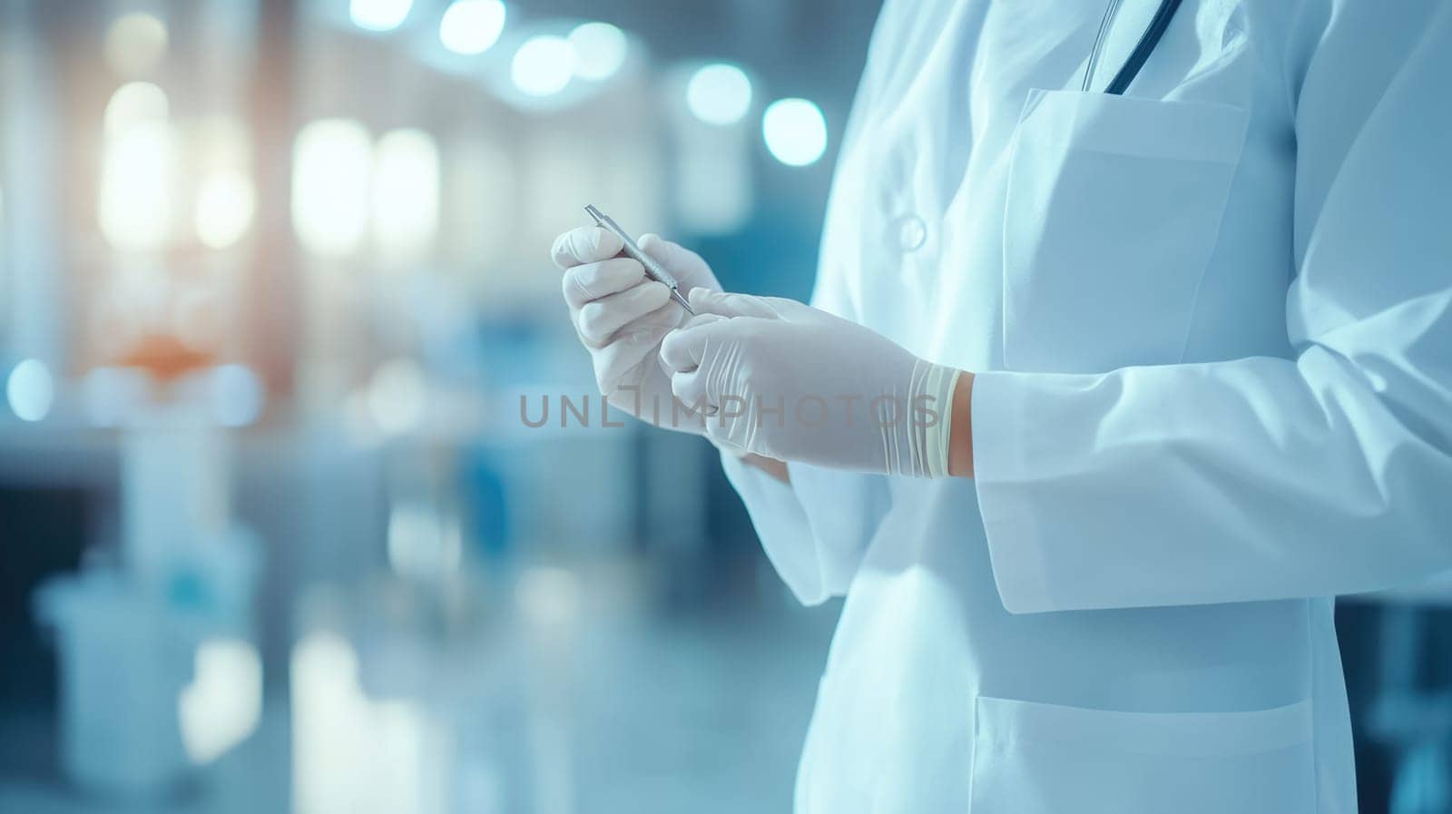 Dentist in gloves holding dental tools. Medical doctor in white gown in clinic at work.
