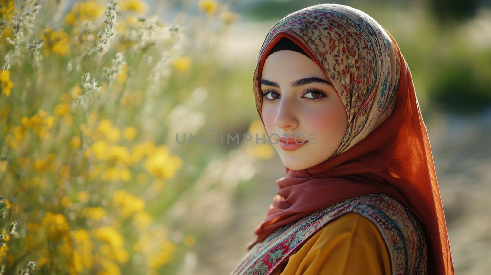 Beautiful young Iranian woman wearing colourful hijab. Arabic Muslim lady in traditional clothes.