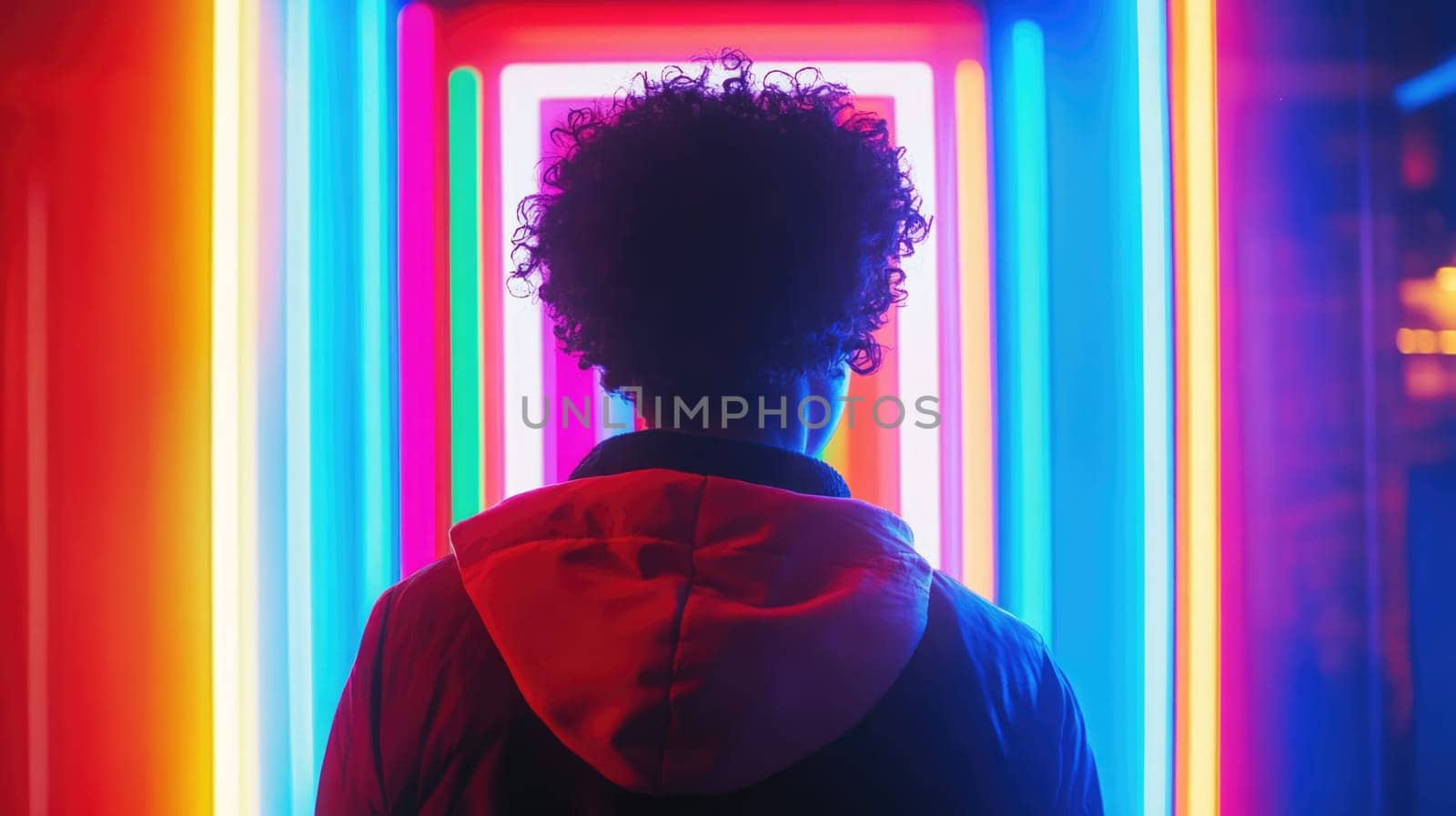 Back view of a man standing in front of a glowing neon frame portal door. Urban nightlife concept.